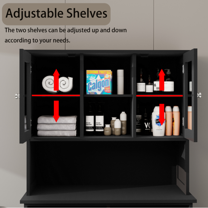 Two-Compartment Tilt-Out Dirty Laundry Basket Tall Bathroom Cabinet With 2 Adjustable Shelves-Black