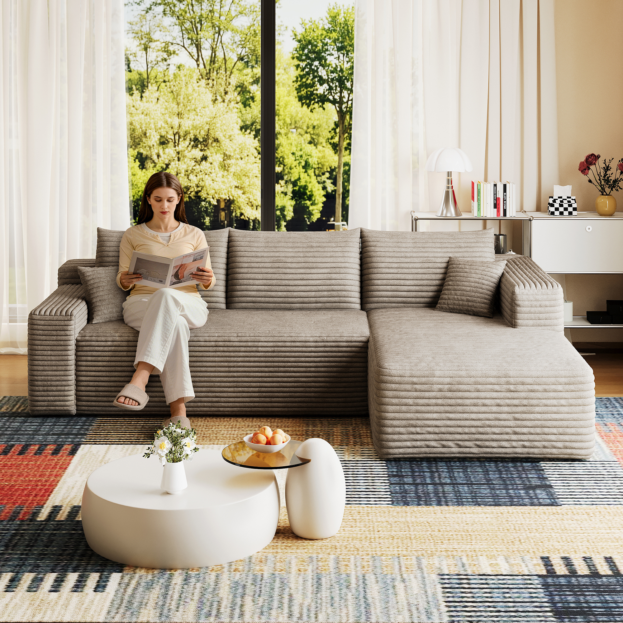 95  Cloud Sectional Sofa,Modern Minimalist Upholstered Couches, Comfort U Shaped Sofa For Living Room,Deep Seat Corner Couch,No Assembly Required,Camel   Plush Corduroy Fabric