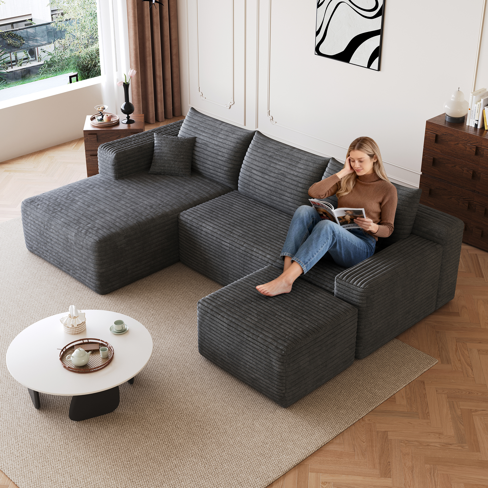 95  Cloud Sectional Sofa With 1 Ottoman,Modern Minimalist Upholstered Couches, Comfort U Shaped Sofa For Living Room,Deep Seat Corner Couch,No Assembly Required,Dark Grey  Plush Corduroy Fabric