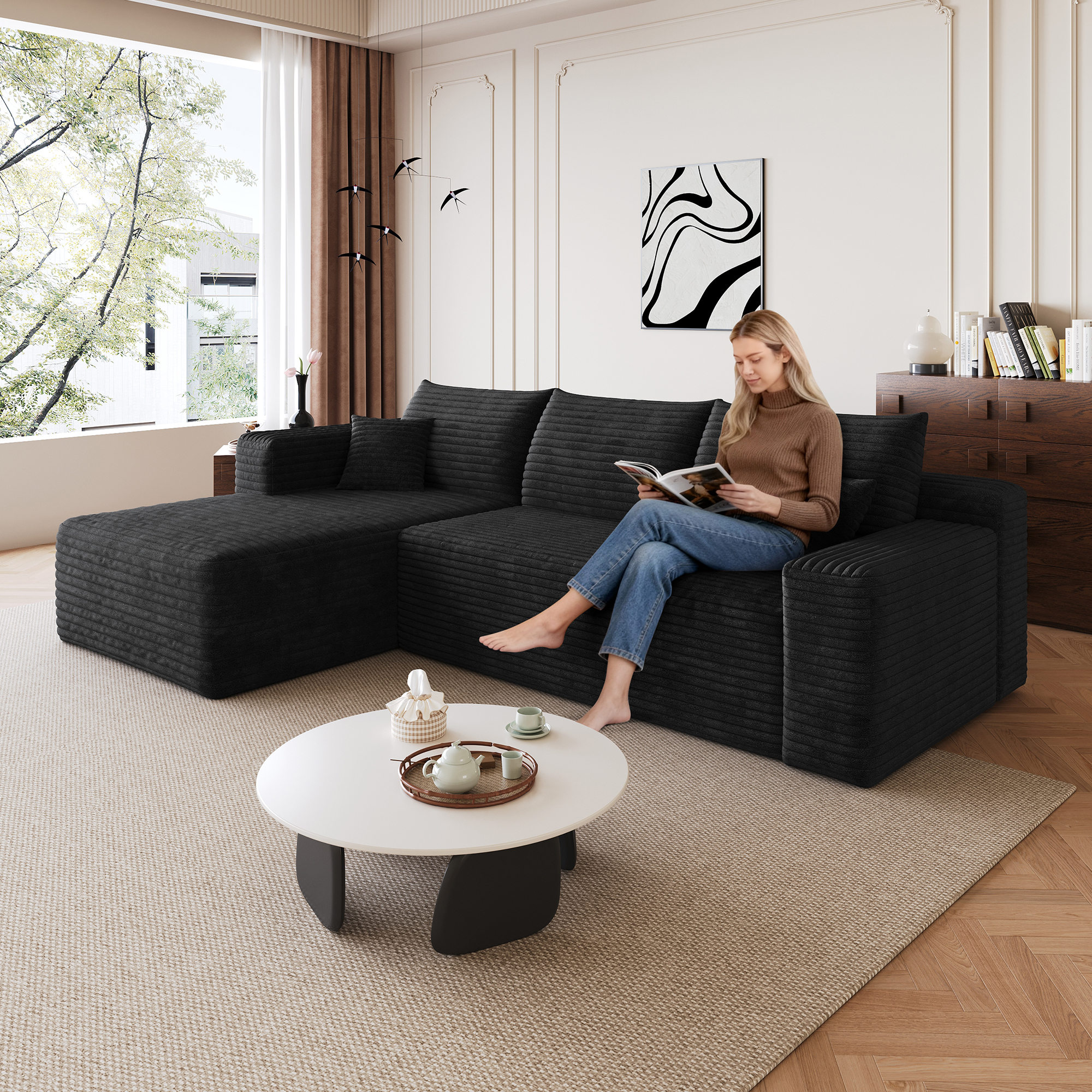 95  Cloud Sectional Sofa,Modern Minimalist Upholstered Couches, Comfort U Shaped Sofa For Living Room,Deep Seat Corner Couch,No Assembly Required,Black  Plush Corduroy Fabric