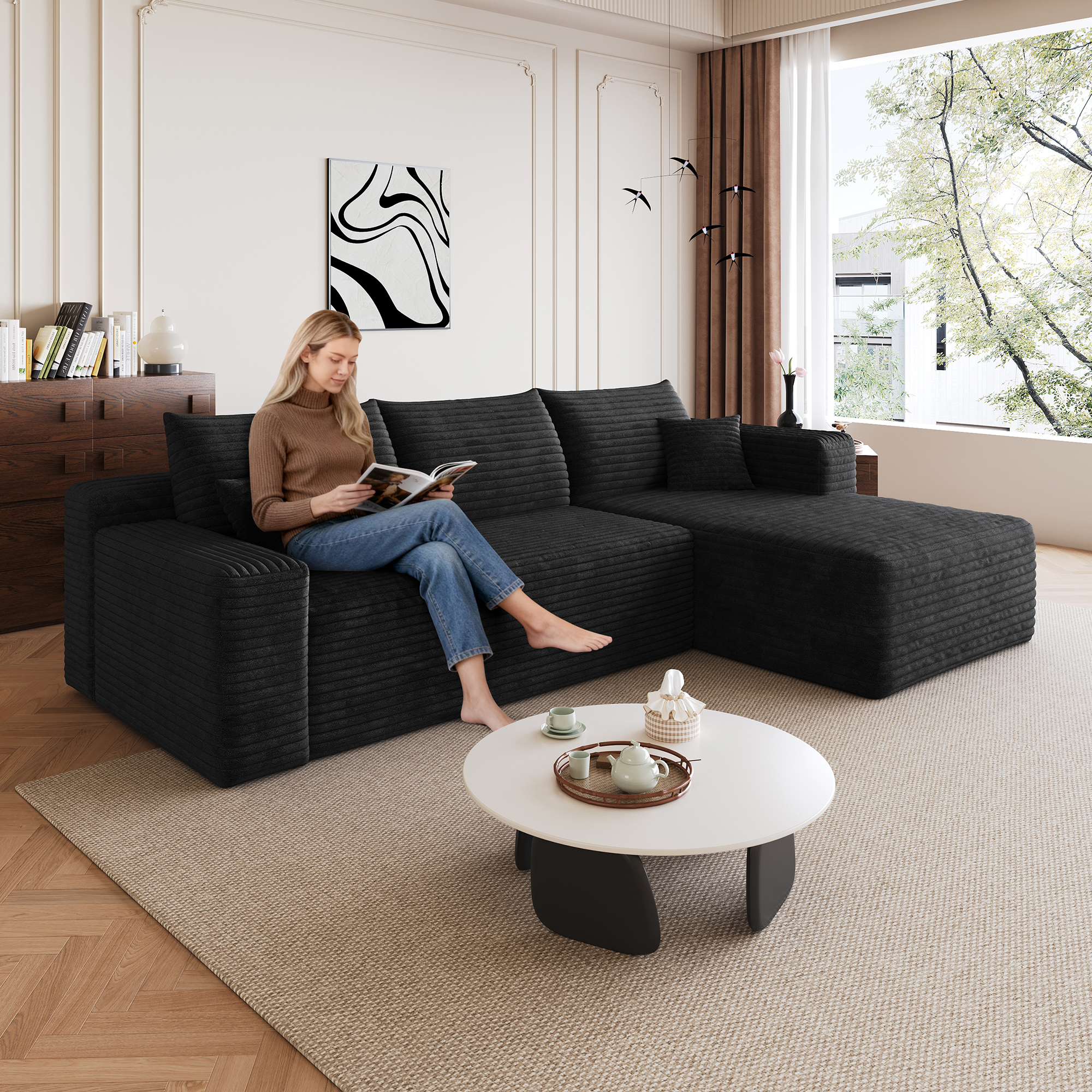 95  Cloud Sectional Sofa,Modern Minimalist Upholstered Couches, Comfort U Shaped Sofa For Living Room,Deep Seat Corner Couch,No Assembly Required,Black  Plush Corduroy Fabric