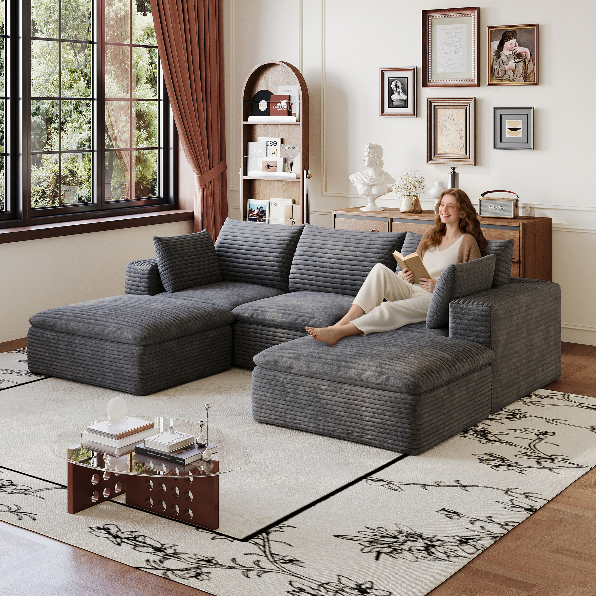 102  Cloud Sofa,Corduroy Fabric,Deep Seat Couches,Double-layer Design,Removable  Cushion,No Assembly, DIY Combination For Living Room, Bedroom,Conference Room ,Apartment,Dark Grey
