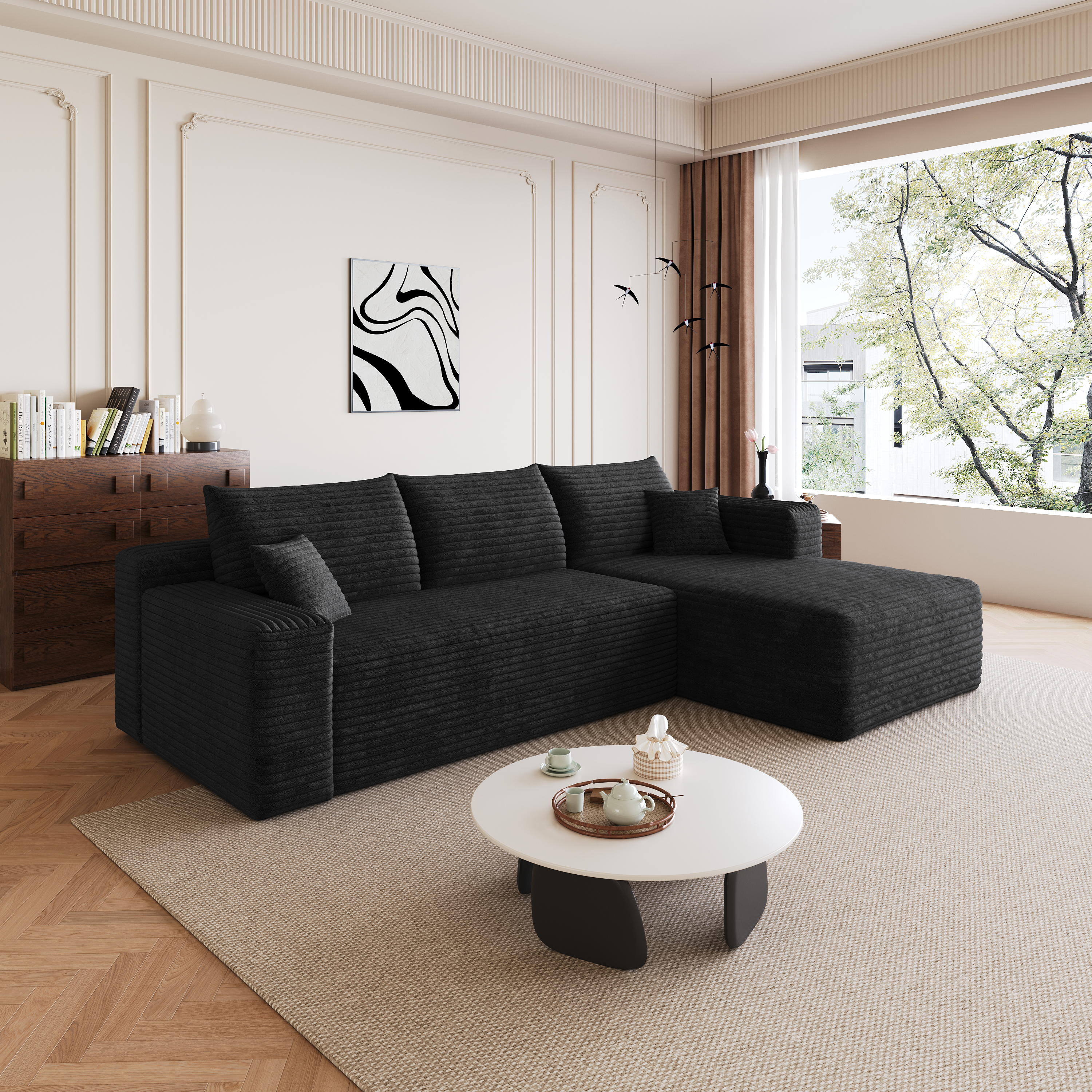 95  Cloud Sectional Sofa,Modern Minimalist Upholstered Couches, Comfort U Shaped Sofa For Living Room,Deep Seat Corner Couch,No Assembly Required,Black  Plush Corduroy Fabric