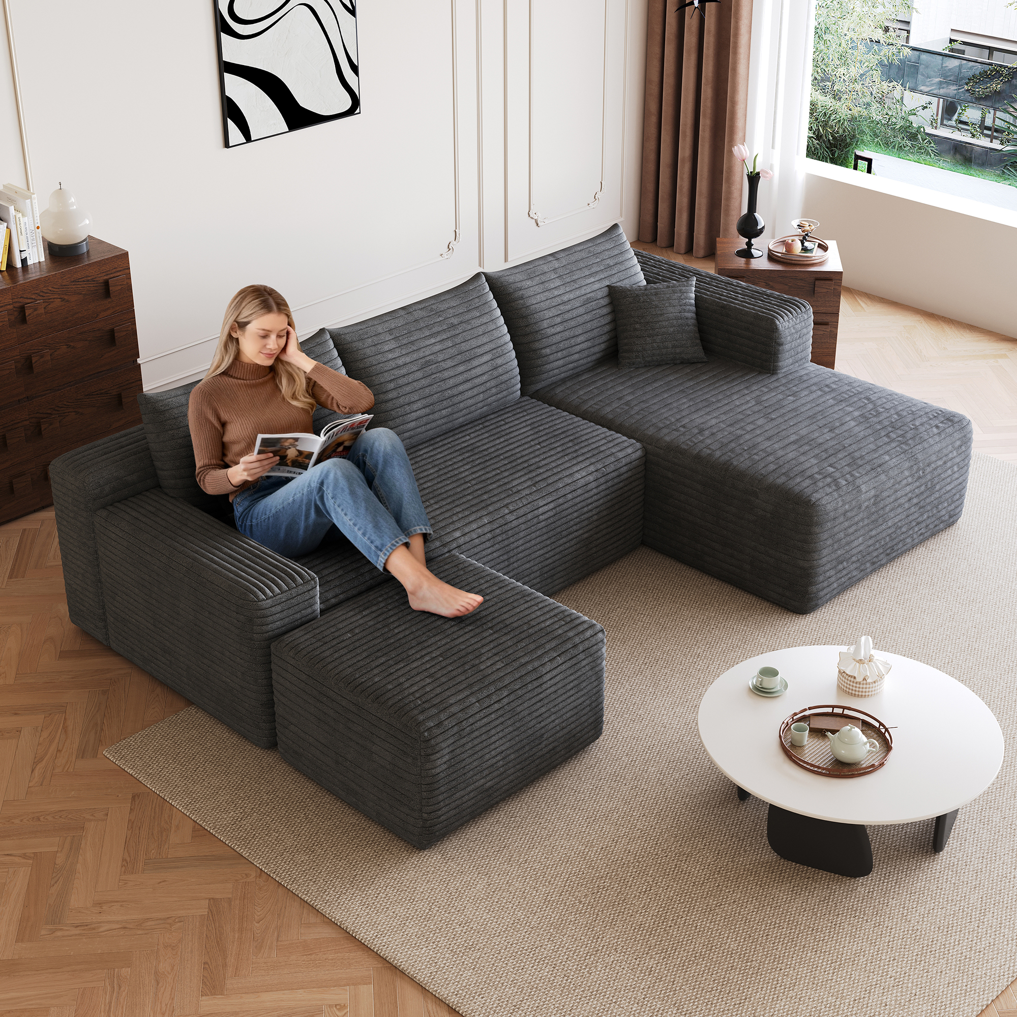 95  Cloud Sectional Sofa With 1 Ottoman,Modern Minimalist Upholstered Couches, Comfort U Shaped Sofa For Living Room,Deep Seat Corner Couch,No Assembly Required,Dark Grey  Plush Corduroy Fabric
