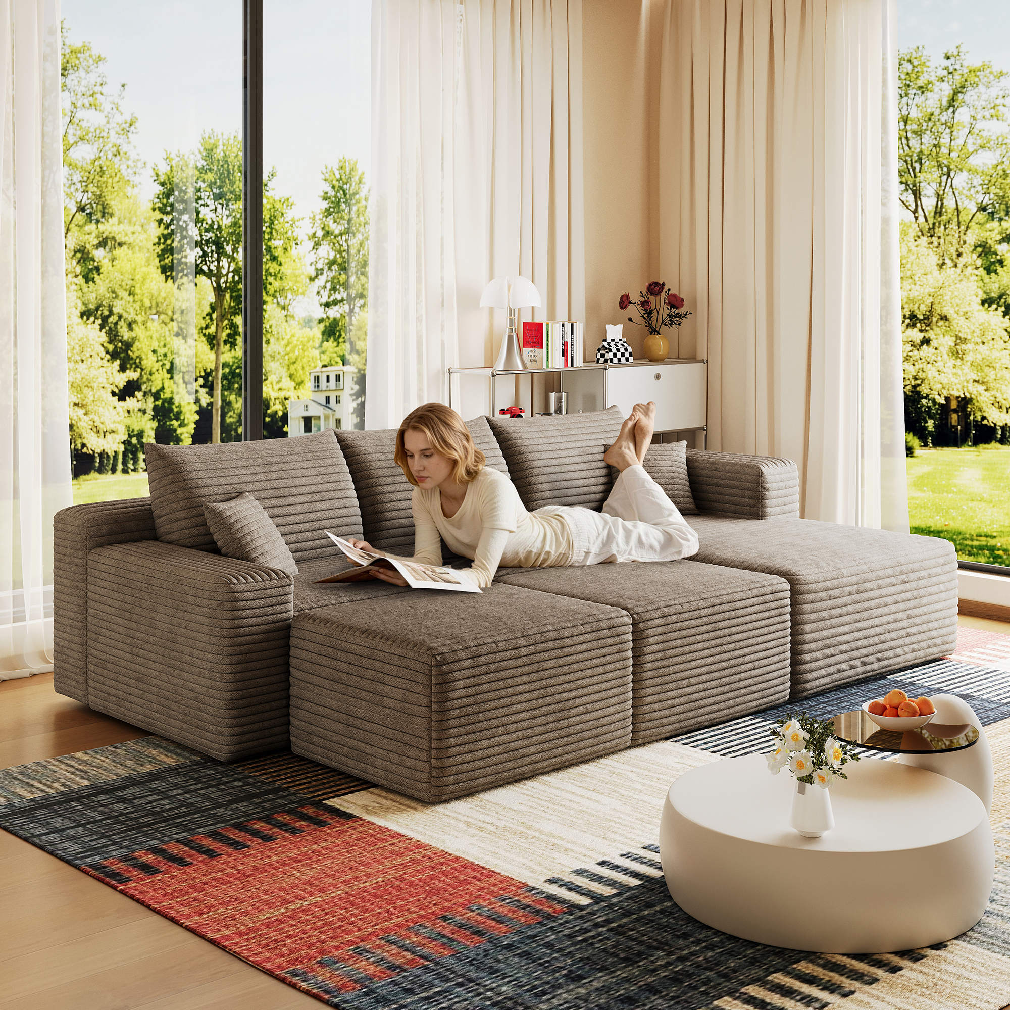 95  Cloud Sectional Sofa With 2 Ottoman,Modern Minimalist Upholstered Couches, Comfort U Shaped Sofa For Living Room,Deep Seat Corner Couch,No Assembly Required,Camel Plush Corduroy Fabric