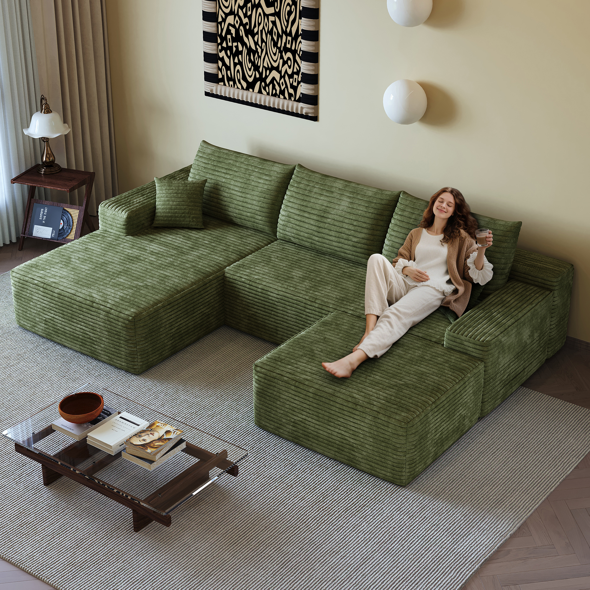 107 Cloud Sectional Sofa With 1 Ottoman,Modern Minimalist Upholstered Couches,Comfort U Shaped Sofa For Living Room,Deep Seat Corner Couch,No Assembly Required  Plush Corduroy Fabric ,Green