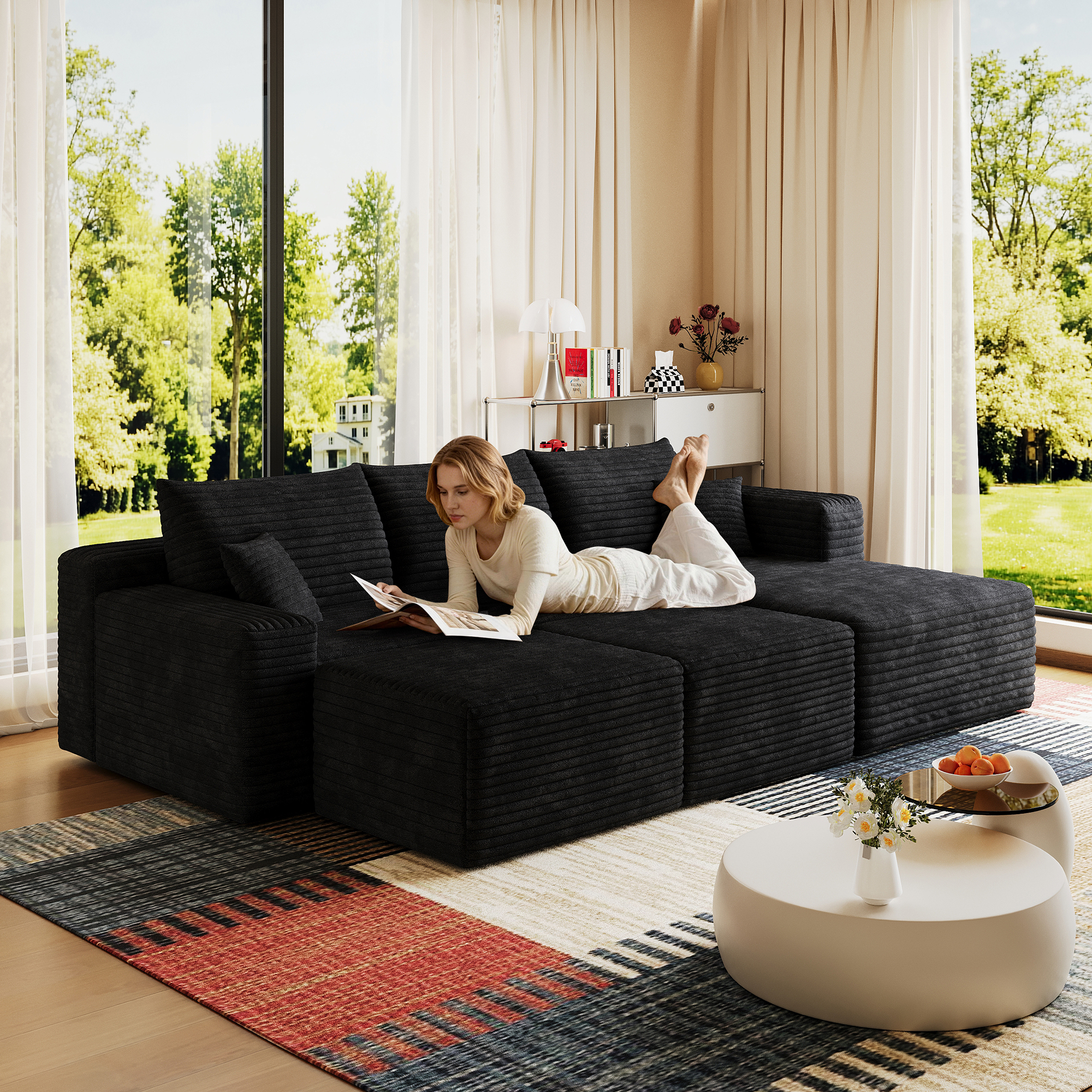 95  Cloud Sectional Sofa With 2 Ottoman,Modern Minimalist Upholstered Couches, Comfort U Shaped Sofa For Living Room,Deep Seat Corner Couch,No Assembly Required,Black  Plush Corduroy Fabric