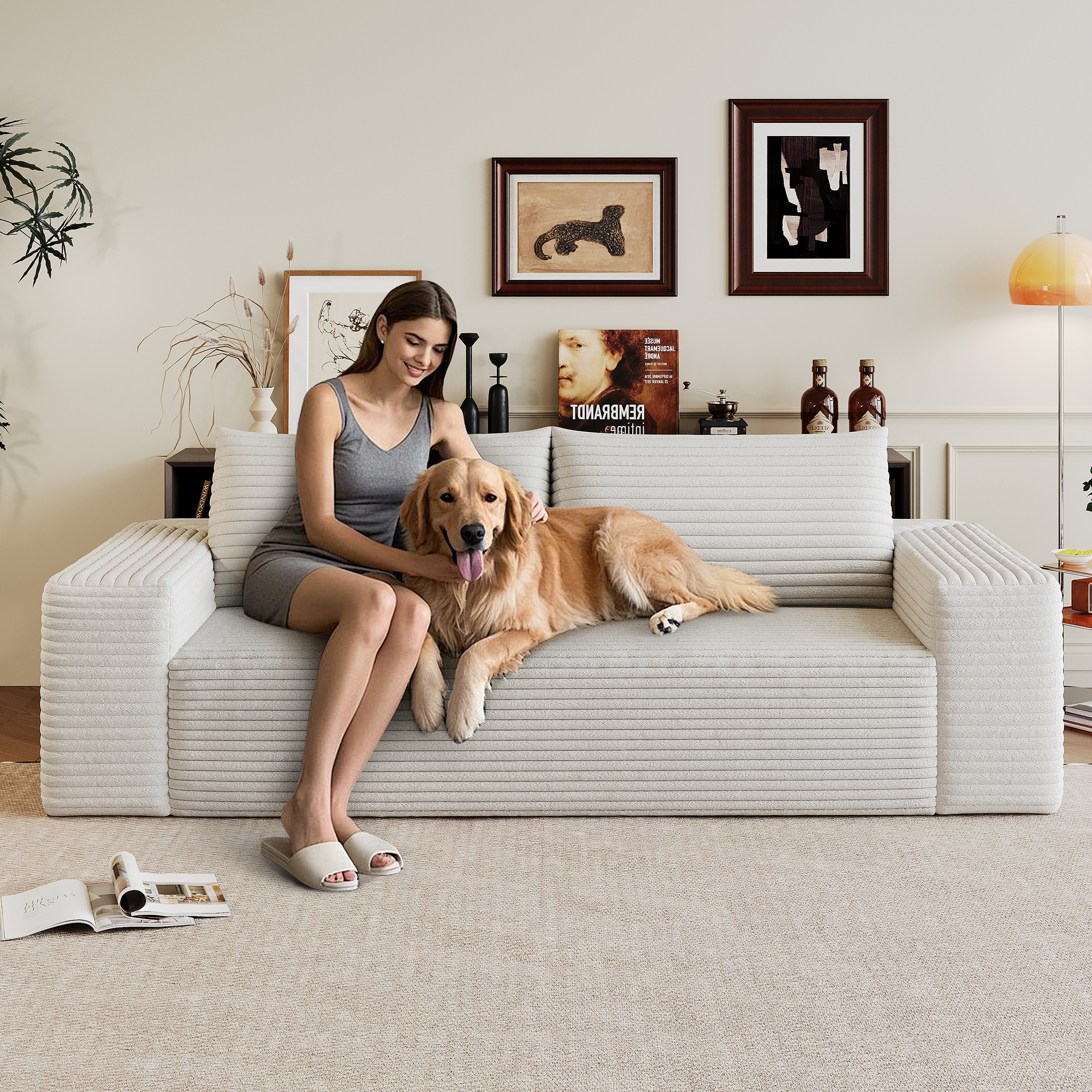 71  3Setaser Sofa,Corduroy Fabric,Deep Seat Couches,Comfy Loveseat Sofa,No Assembly,1pcs For Living Room, Bedroom,Conference Room ,Apartment,White