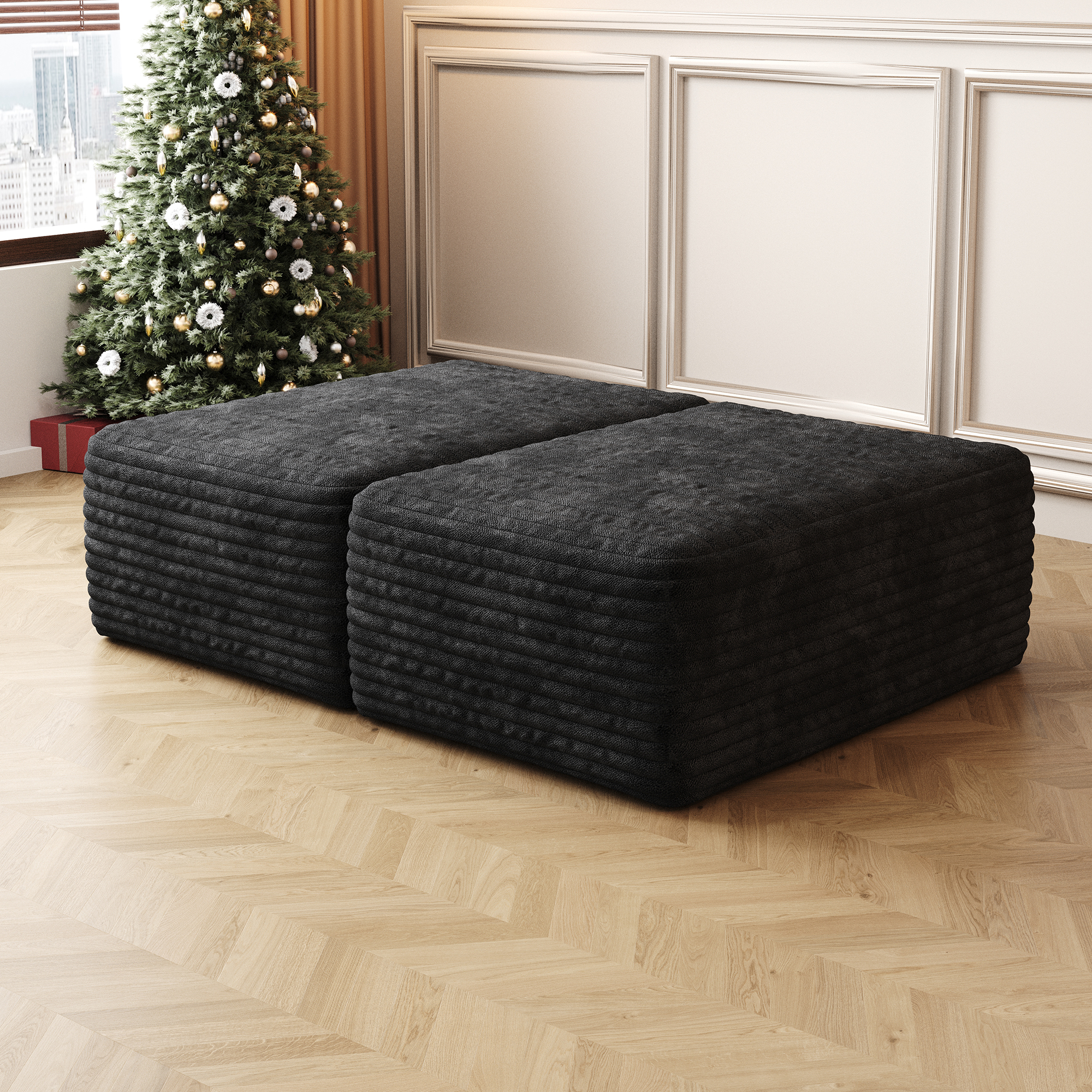 Sofa Ottoman ,No Assembly Required,Black Plush Corduroy Fabric