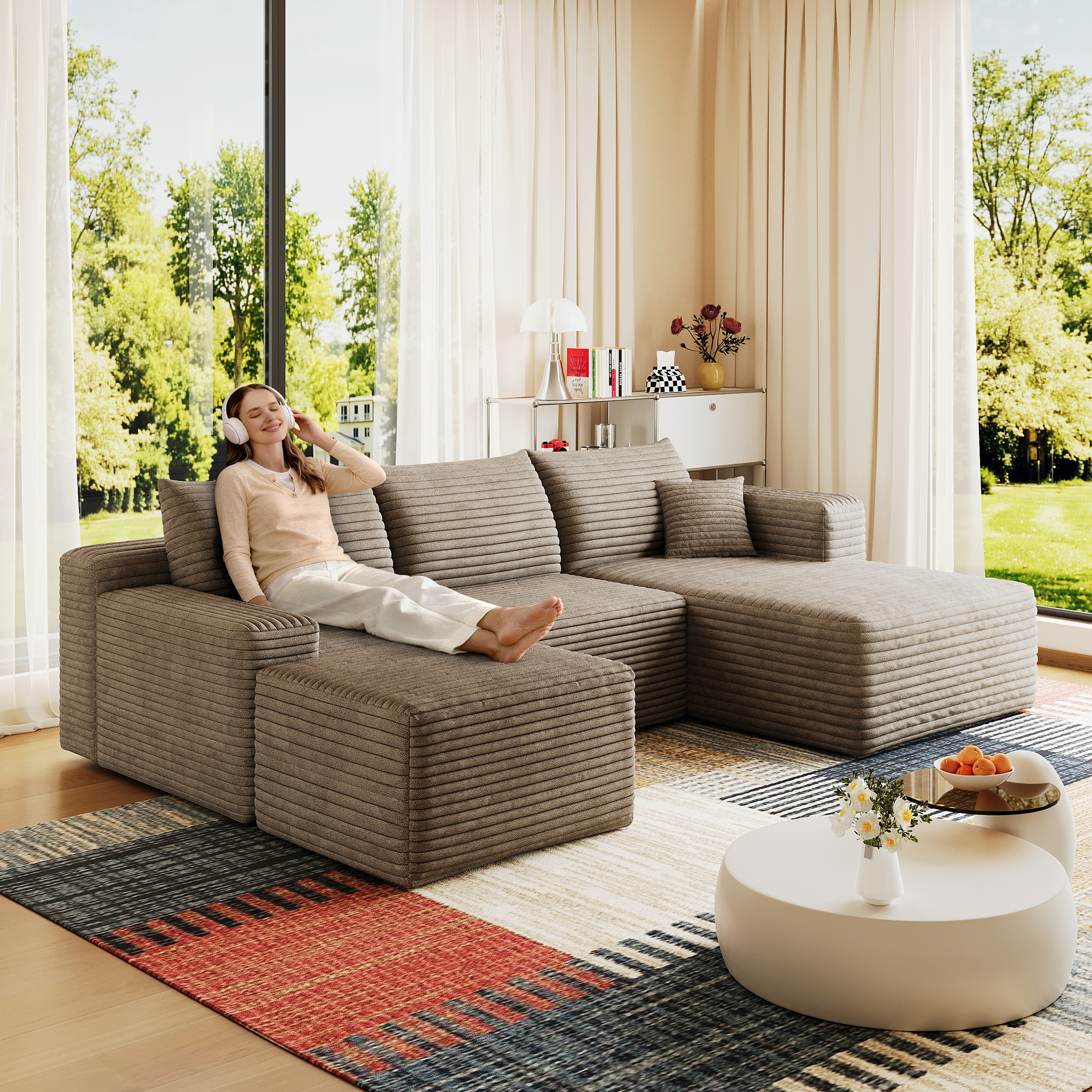 95  Cloud Sectional Sofa With 1 Ottoman,Modern Minimalist Upholstered Couches, Comfort U Shaped Sofa For Living Room,Deep Seat Corner Couch,No Assembly Required,Camel  Plush Corduroy Fabric