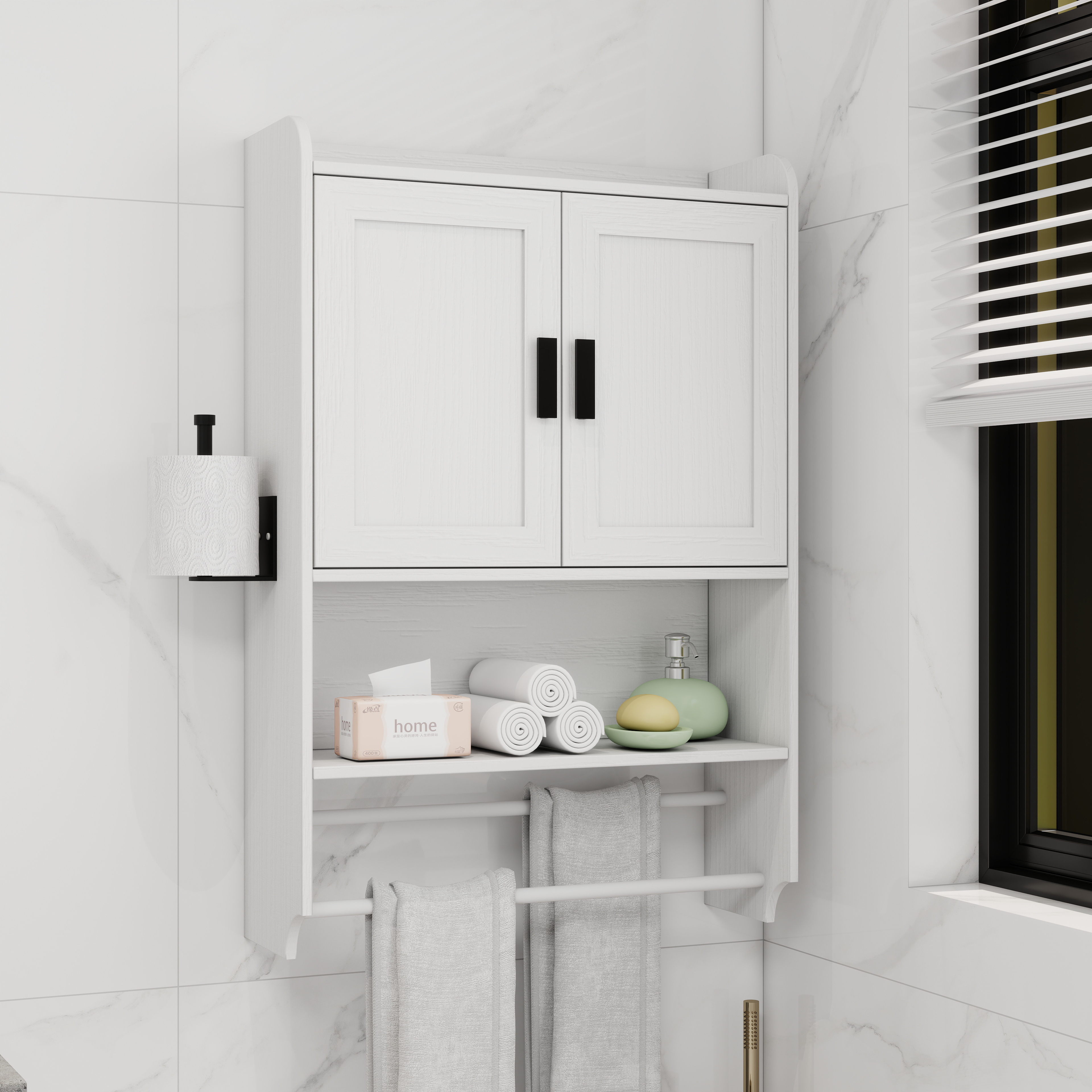 Bathroom Wall Cabinet With Doors,Adjustable Shelf,Towel Bar And Paper Holder, Over The Toilet Storage Cabinet, Medicine Cabinet For Bathroom-White