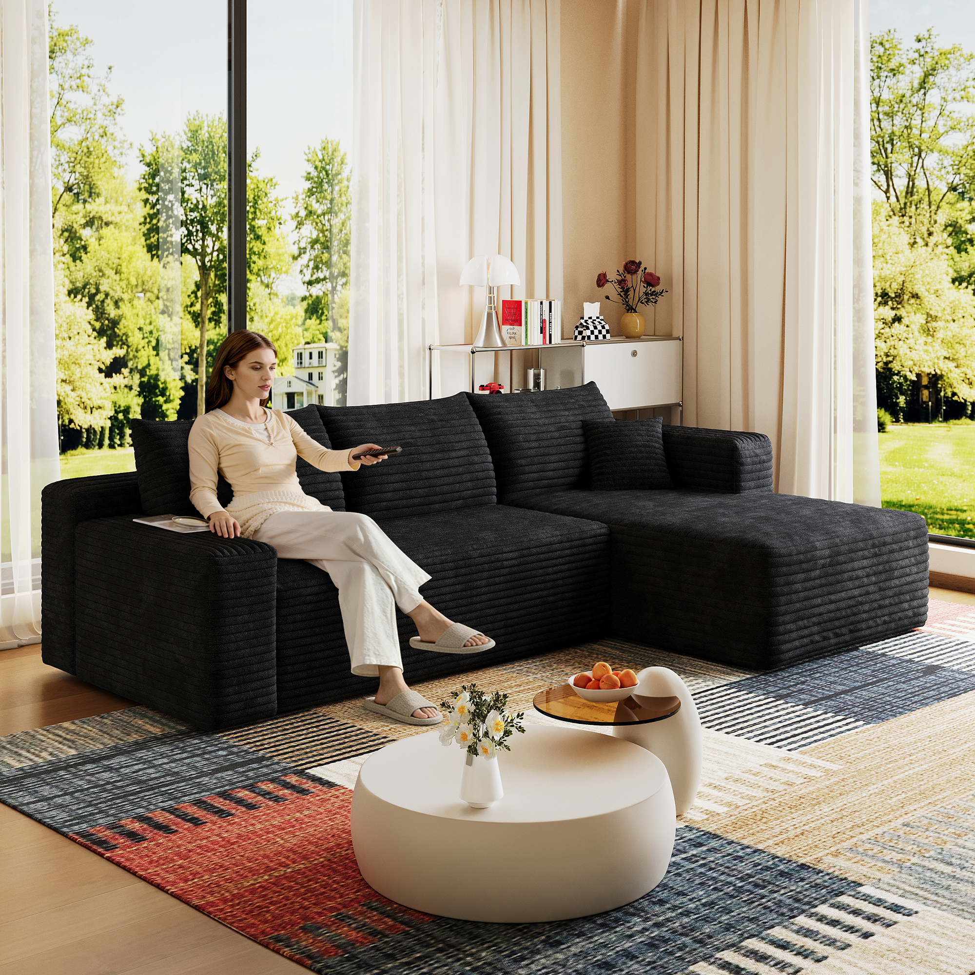 95  Cloud Sectional Sofa,Modern Minimalist Upholstered Couches, Comfort U Shaped Sofa For Living Room,Deep Seat Corner Couch,No Assembly Required,Black  Plush Corduroy Fabric