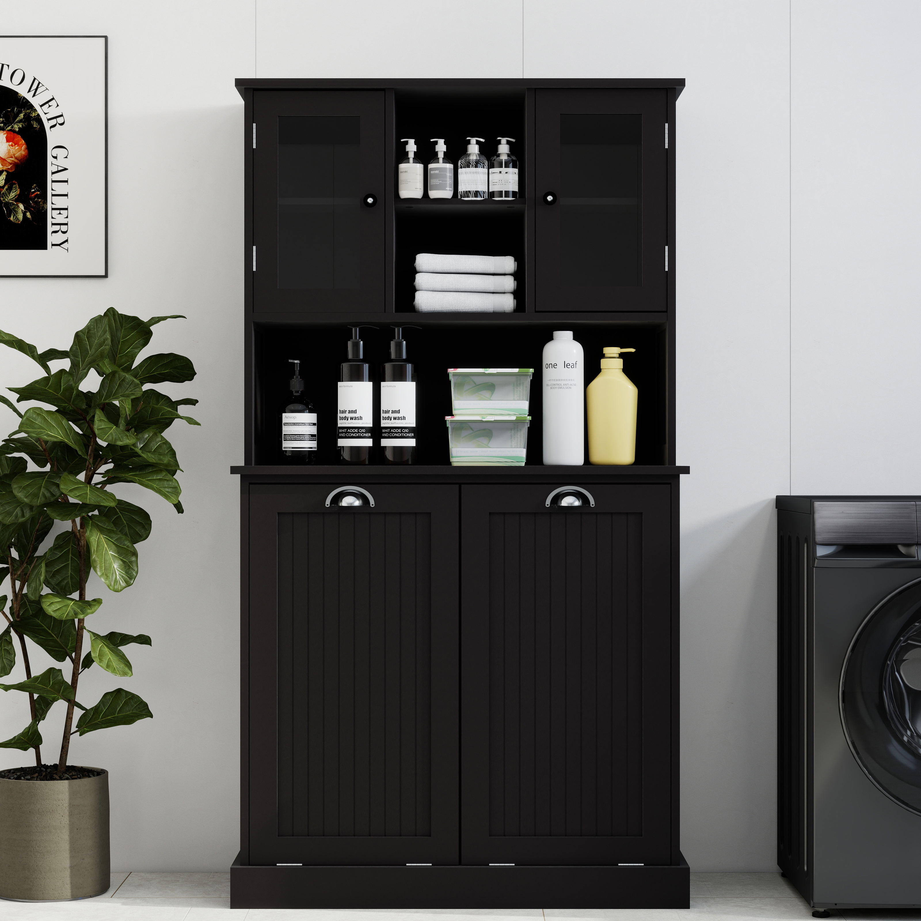 Two-Compartment Tilt-Out Dirty Laundry Basket Tall Bathroom Cabinet With 2 Adjustable Shelves-Black_maomaolike.com