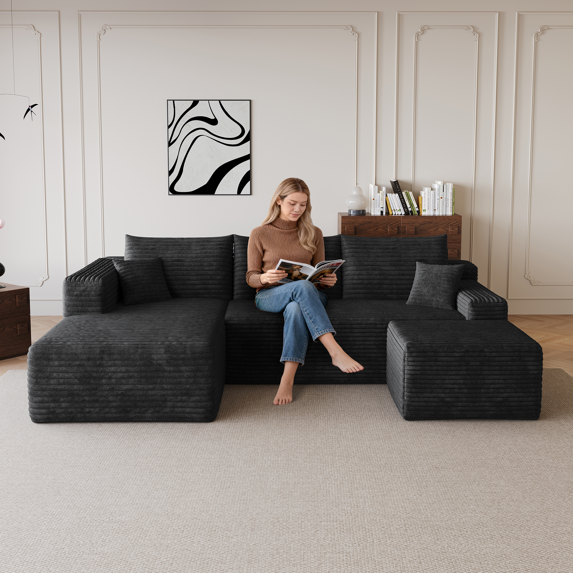 95  Cloud Sectional Sofa With 1 Ottoman,Modern Minimalist Upholstered Couches, Comfort U Shaped Sofa For Living Room,Deep Seat Corner Couch,No Assembly Required,Black  Plush Corduroy Fabric