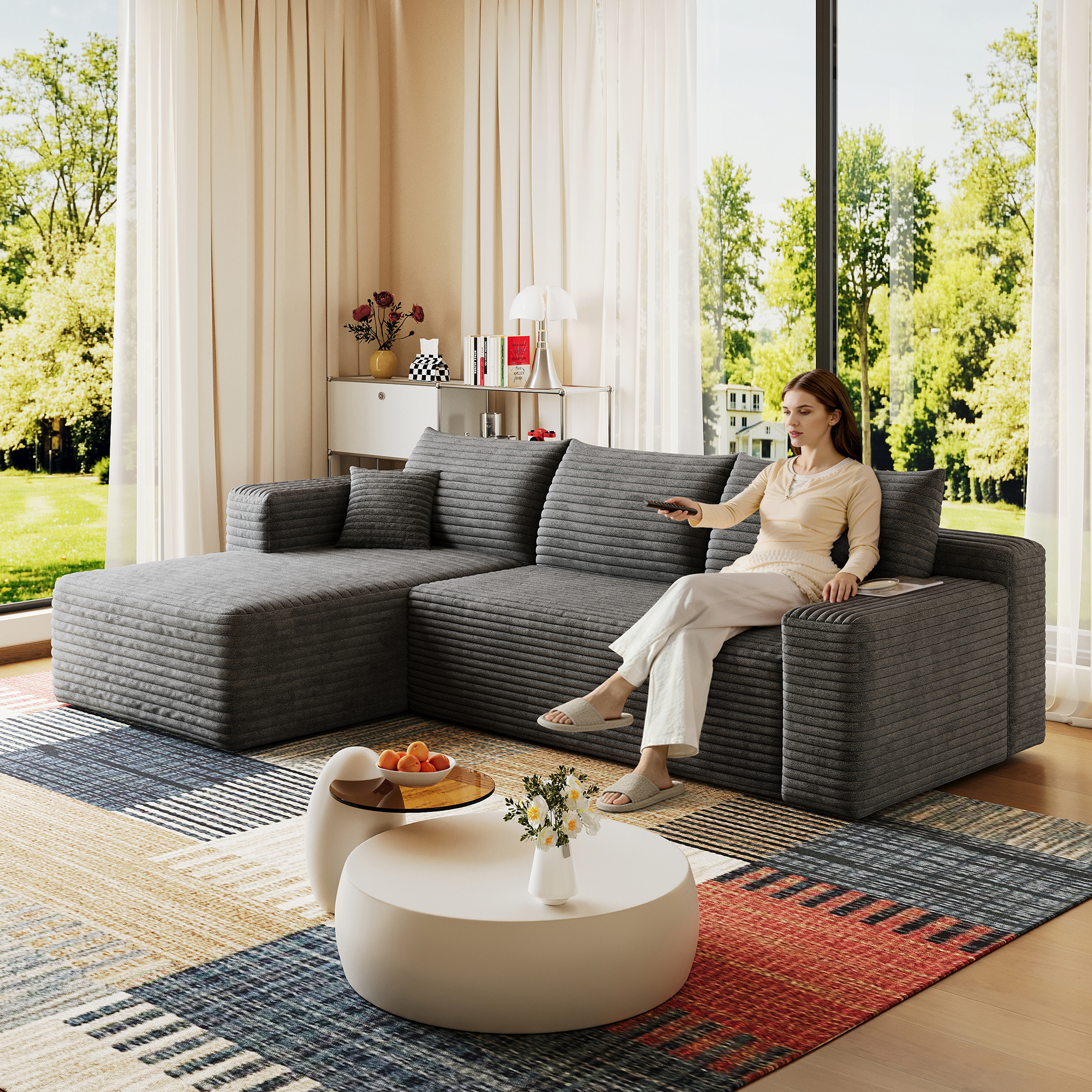 95  Cloud Sectional Sofa,Modern Minimalist Upholstered Couches, Comfort U Shaped Sofa For Living Room,Deep Seat Corner Couch,No Assembly Required,Dark Grey   Plush Corduroy Fabric
