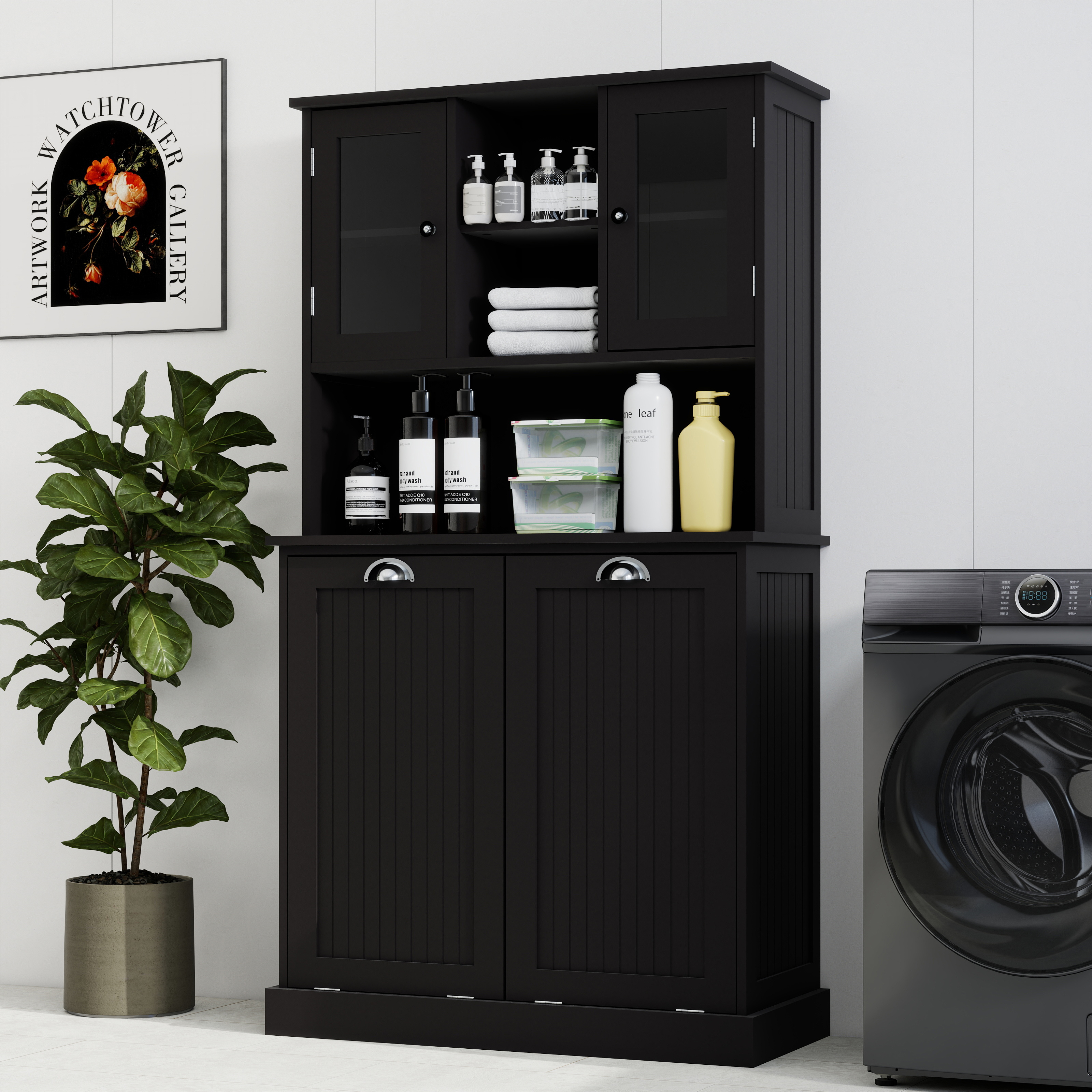 Two-Compartment Tilt-Out Dirty Laundry Basket Tall Bathroom Cabinet With 2 Adjustable Shelves-Black_maomaolike.com