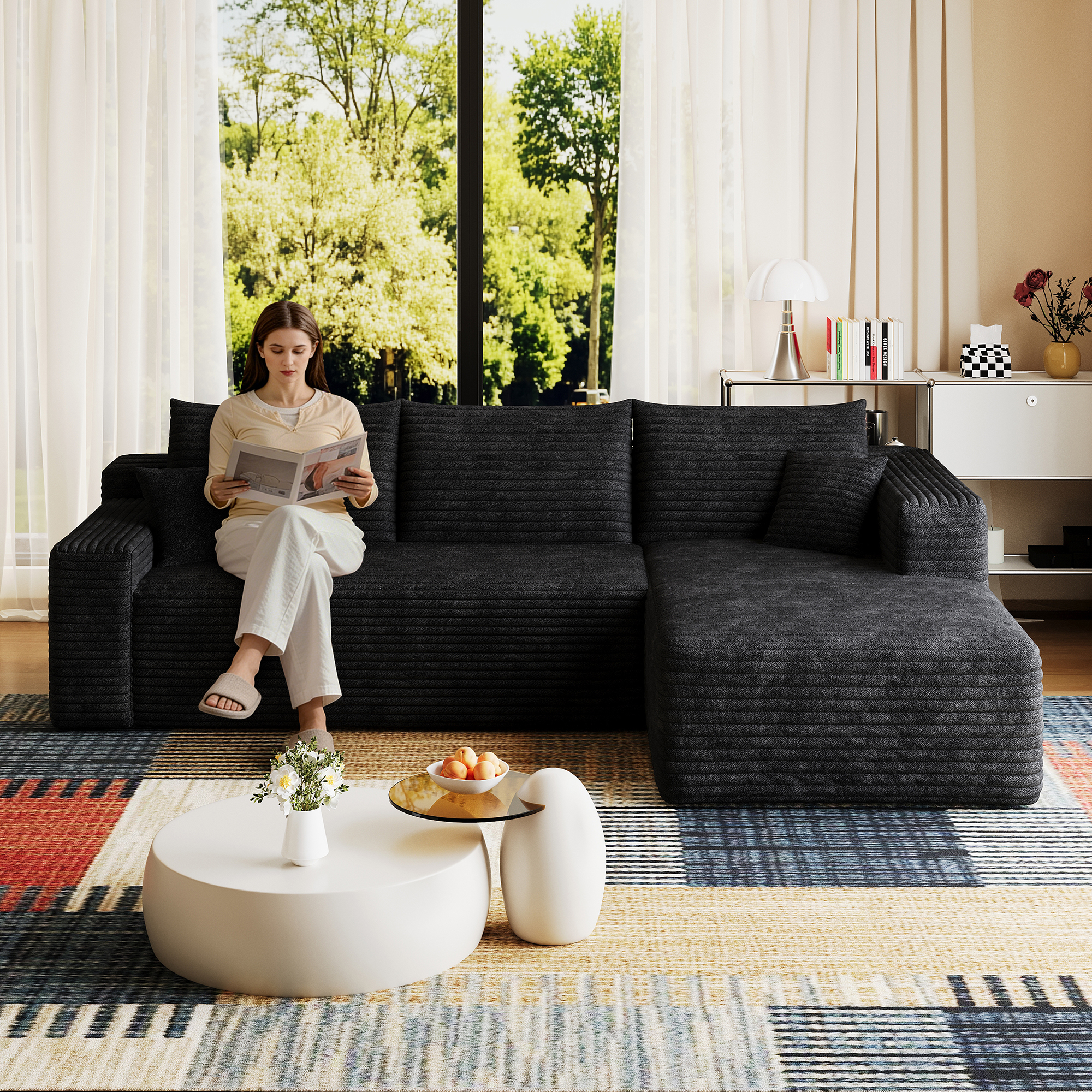 95  Cloud Sectional Sofa,Modern Minimalist Upholstered Couches, Comfort U Shaped Sofa For Living Room,Deep Seat Corner Couch,No Assembly Required,Black  Plush Corduroy Fabric
