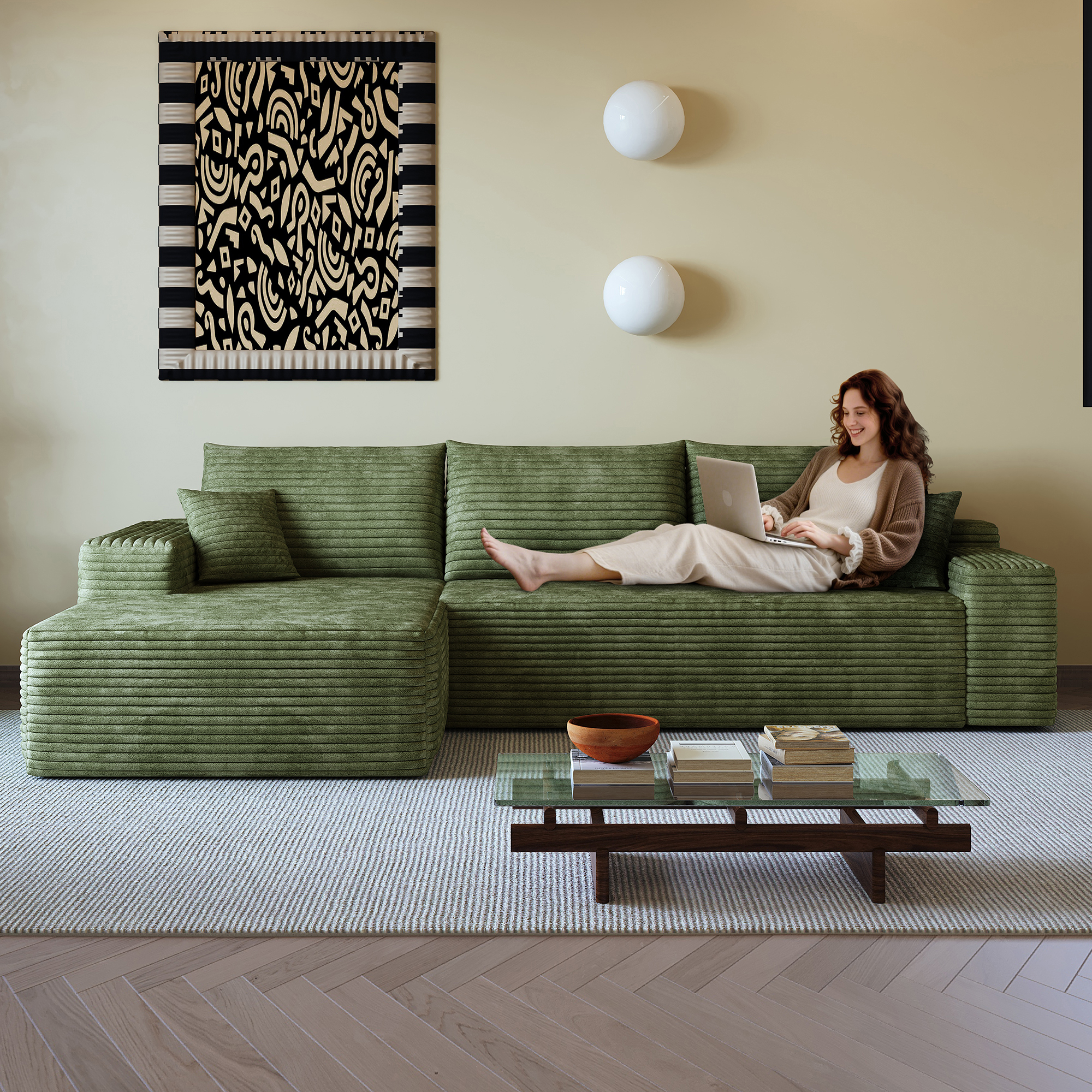 107  Cloud Sectional Couch With L-Shape Chaise,Modern Modular Sofa With Deep Seat, Upholstered Couches For Living Room Bedroom,No Assembly Required,  Plush Corduroy Fabric ,Green