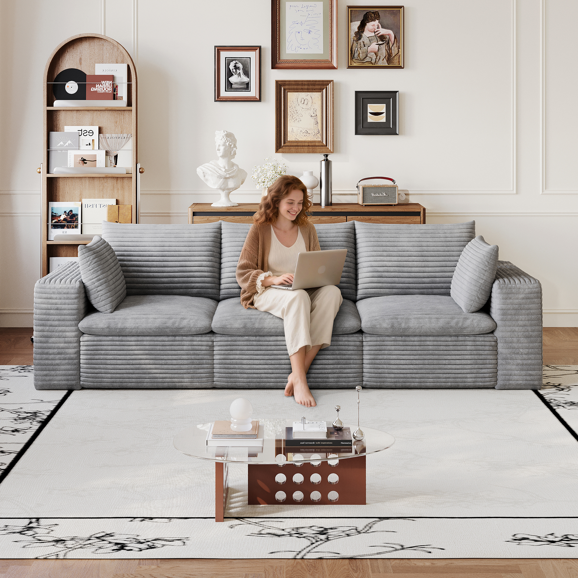 102  Cloud Sofa,Corduroy Fabric,Deep Seat Couches,Double-layer Design,Removable  Cushion,No Assembly, DIY Combination For Living Room, Bedroom,Conference Room ,Apartment,Grey