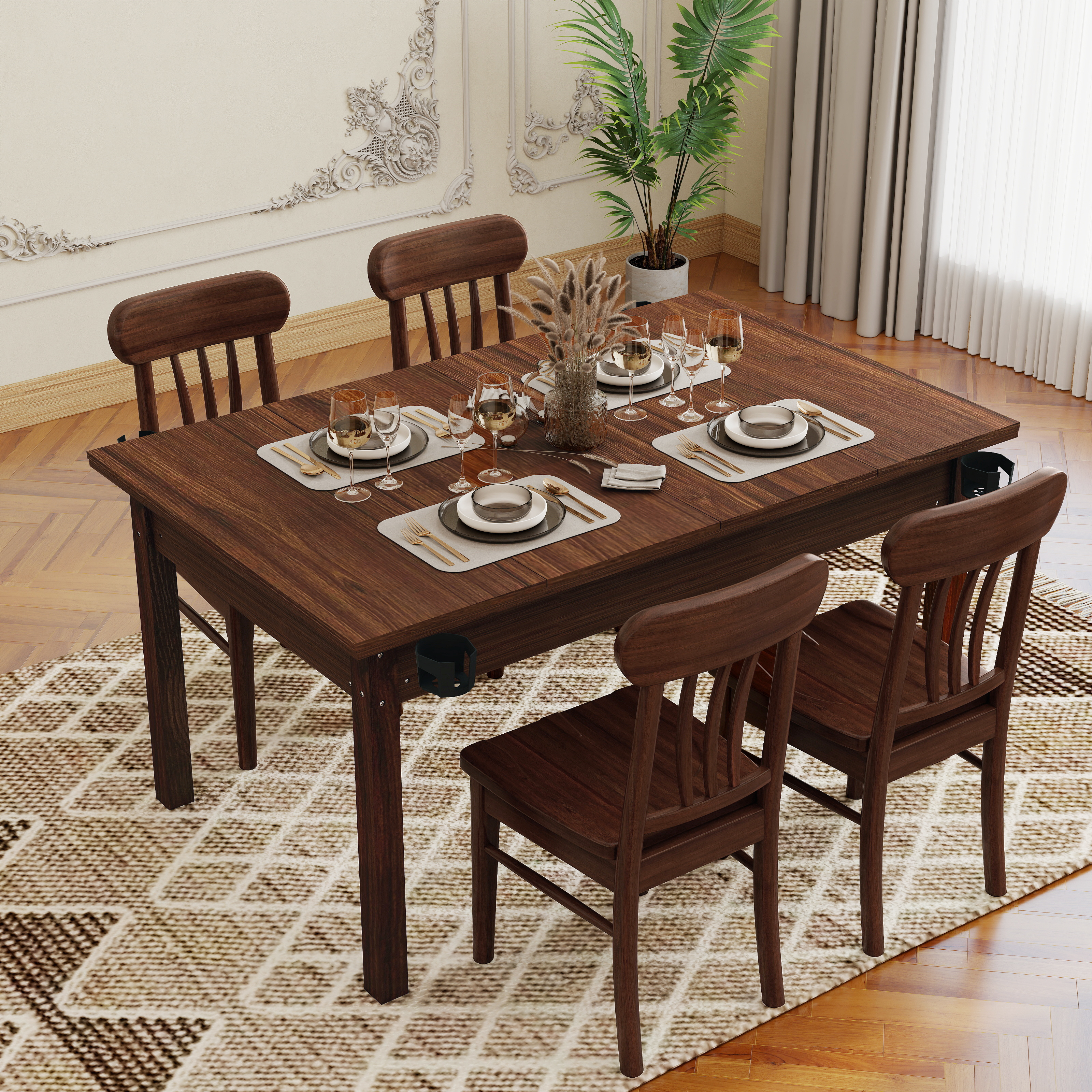 63  X 40  Board Game Table With Removable Table Top For 4-6 Players, Gaming And Dining Table With Solid Wood Legs, Non-Slip Play Mat, Rotating Cup Holders-Rustic Brown