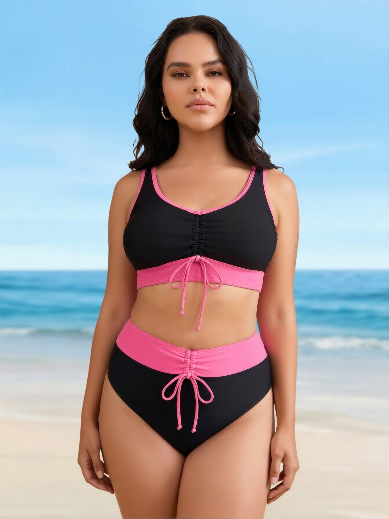 Black & Pink Colorblock Drawstring Bikini Set, V-Neck Crop Top & High Waist Bottom