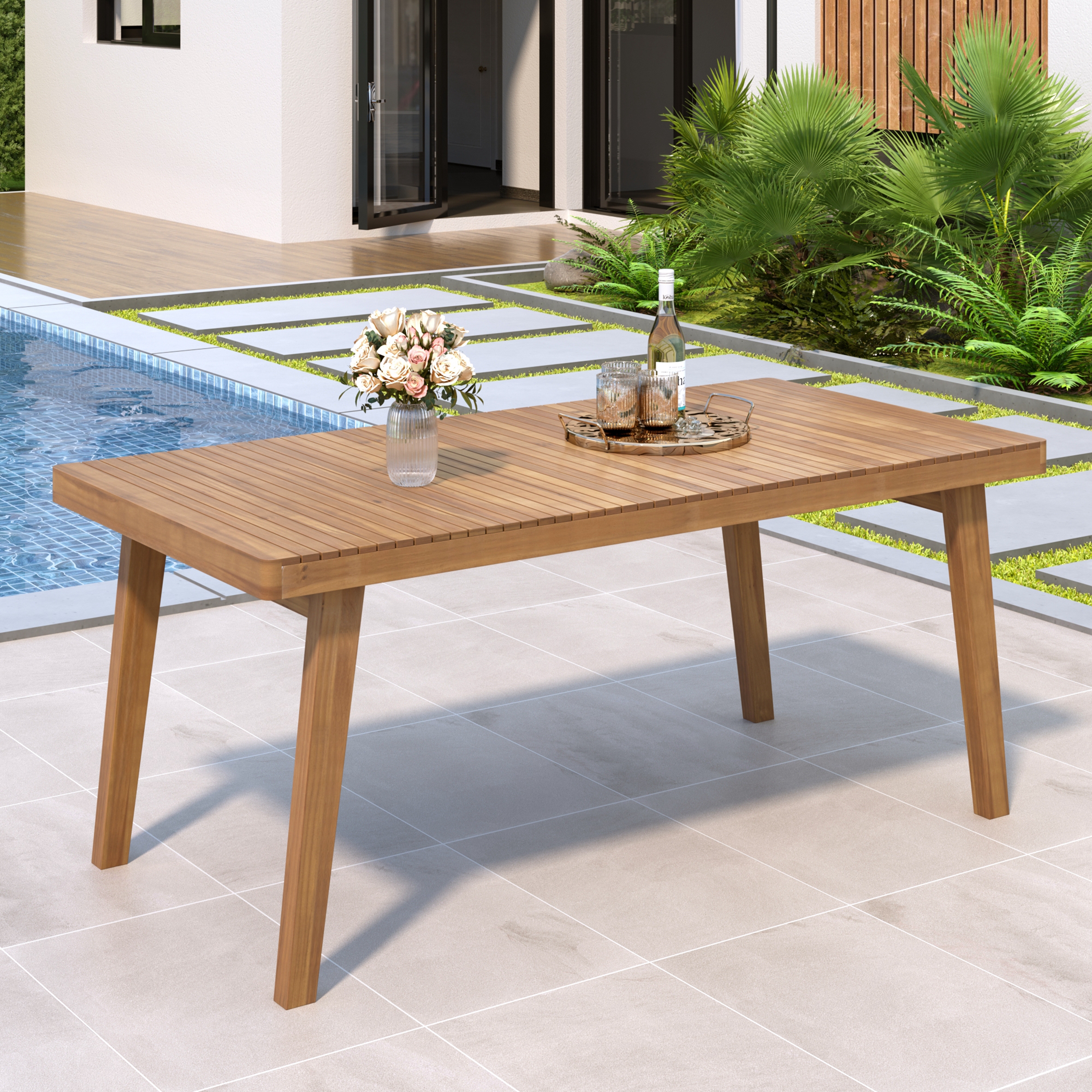 69 Acacia Wood Outdoor Dining Table With Slatted Top, 300 Lbs Weight Capacity, Ideal For Patio & Garden Gatherings, Brown