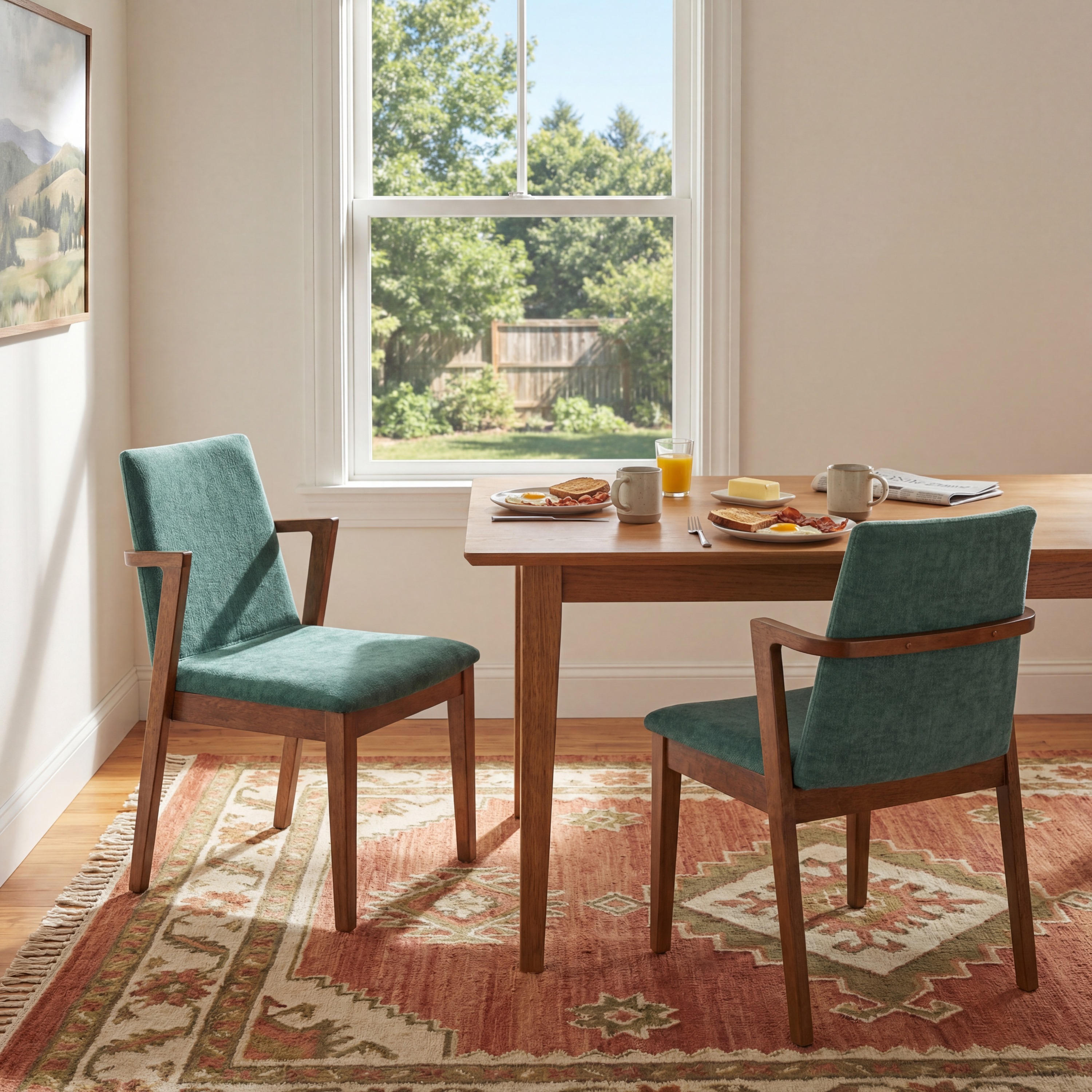 Mid-Century Modern Dining Chairs Set Of 2 - Green Fabric Upholstered Armchairs With Walnut Color Rubber Wood Frame, 250lbs Capacity For Kitchen & Dining Room