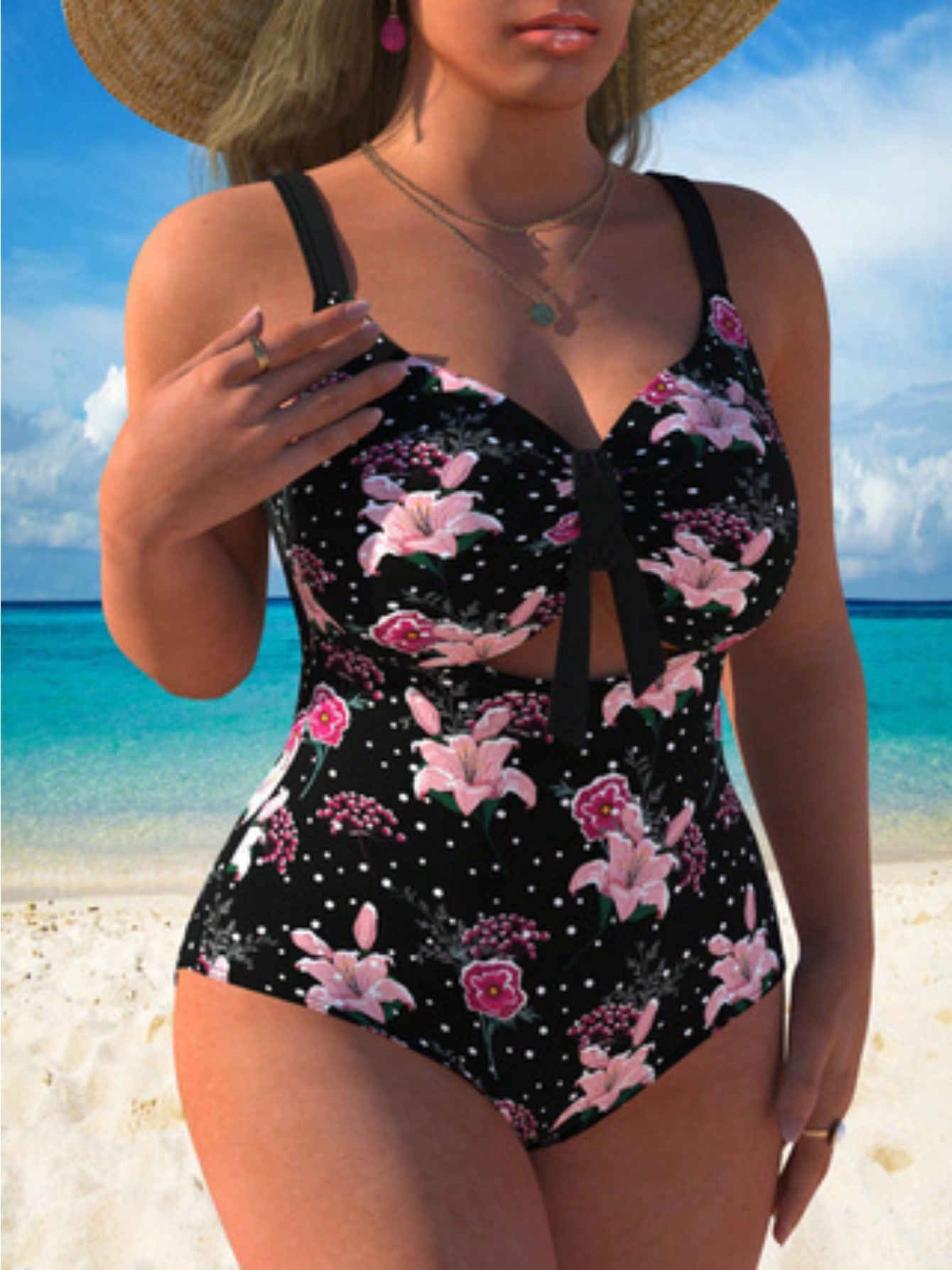 Plus Size Floral Print One-Piece Swimsuit With Front Cutout & Tummy Control