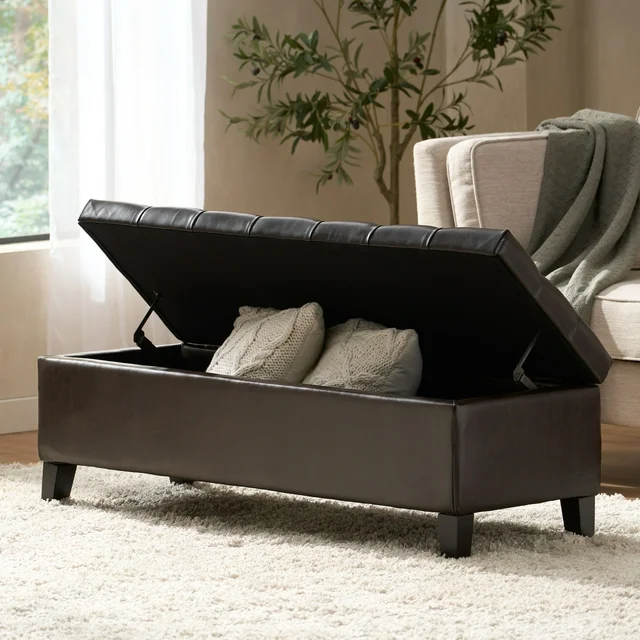 Ottoman Bench With Storage, Dark Brown PU Surface, Rubber Wood Legs, 300 Lbs Capacity