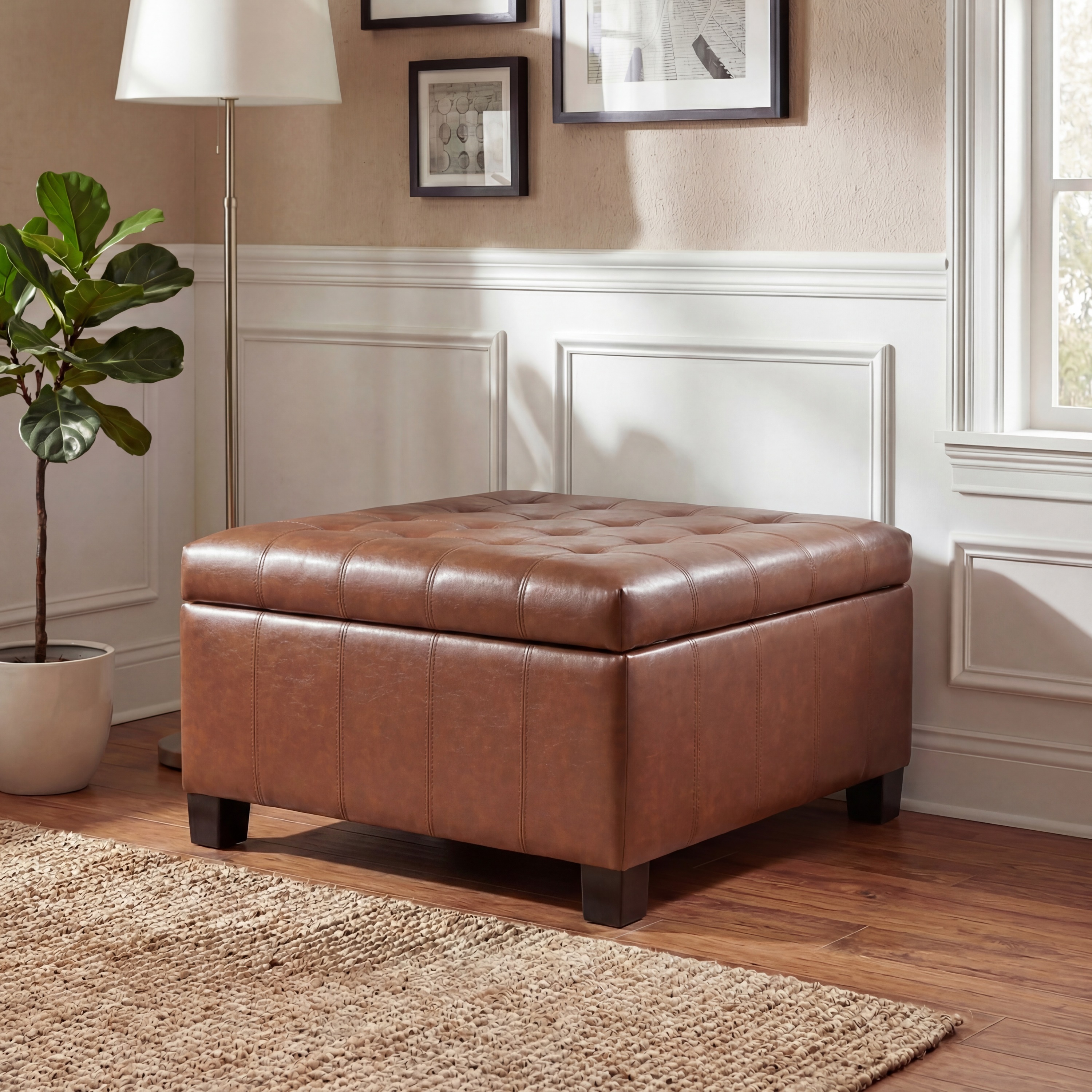 LIght Brown PU Storage Ottoman With Rubber Wood Legs, 30.25   Square Tufted Indoor Ottoman With Lift-Top Storage For Living Room, Bedroom & Entryway,300lbs Weight Capacity