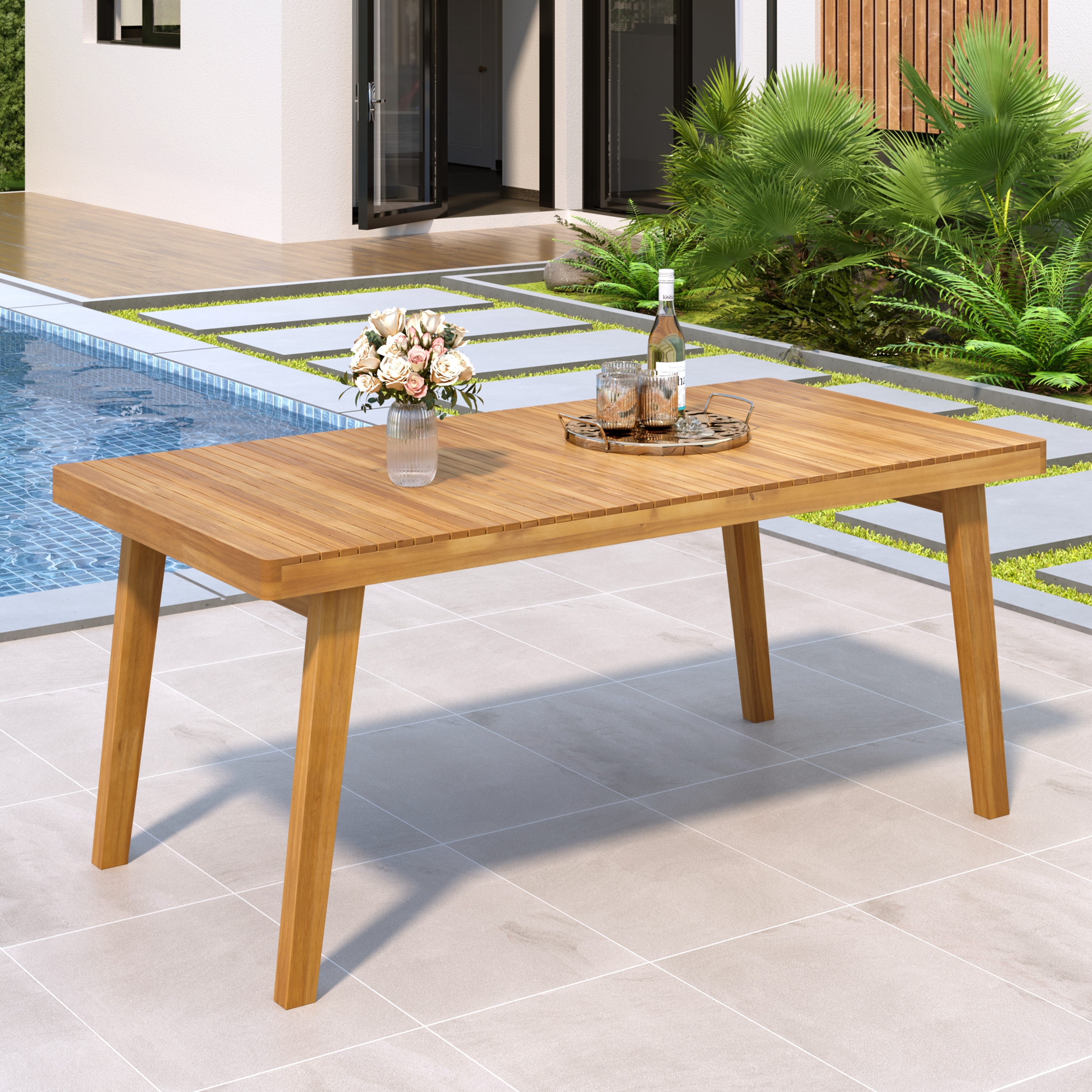 69  Acacia Wood Outdoor Dining Table With Slatted Top, 300 Lbs Weight Capacity, Ideal For Patio & Garden Gatherings, Natural Color