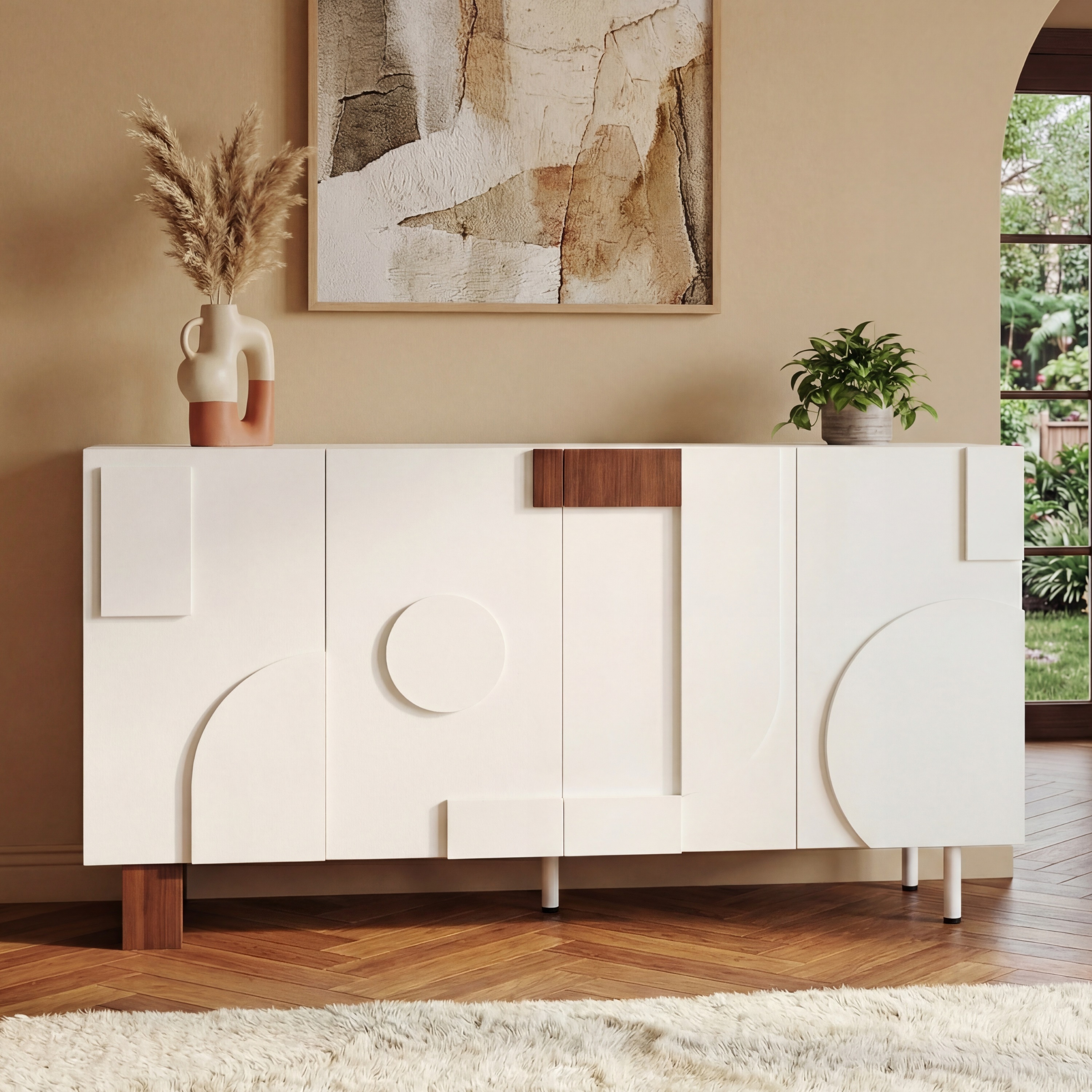 Modern White Sideboard Buffet Cabinet, 62.9   Wide Storage Unit With 4 Doors & Adjustable Shelves, Versatile Dining Room Living Room Organizer
