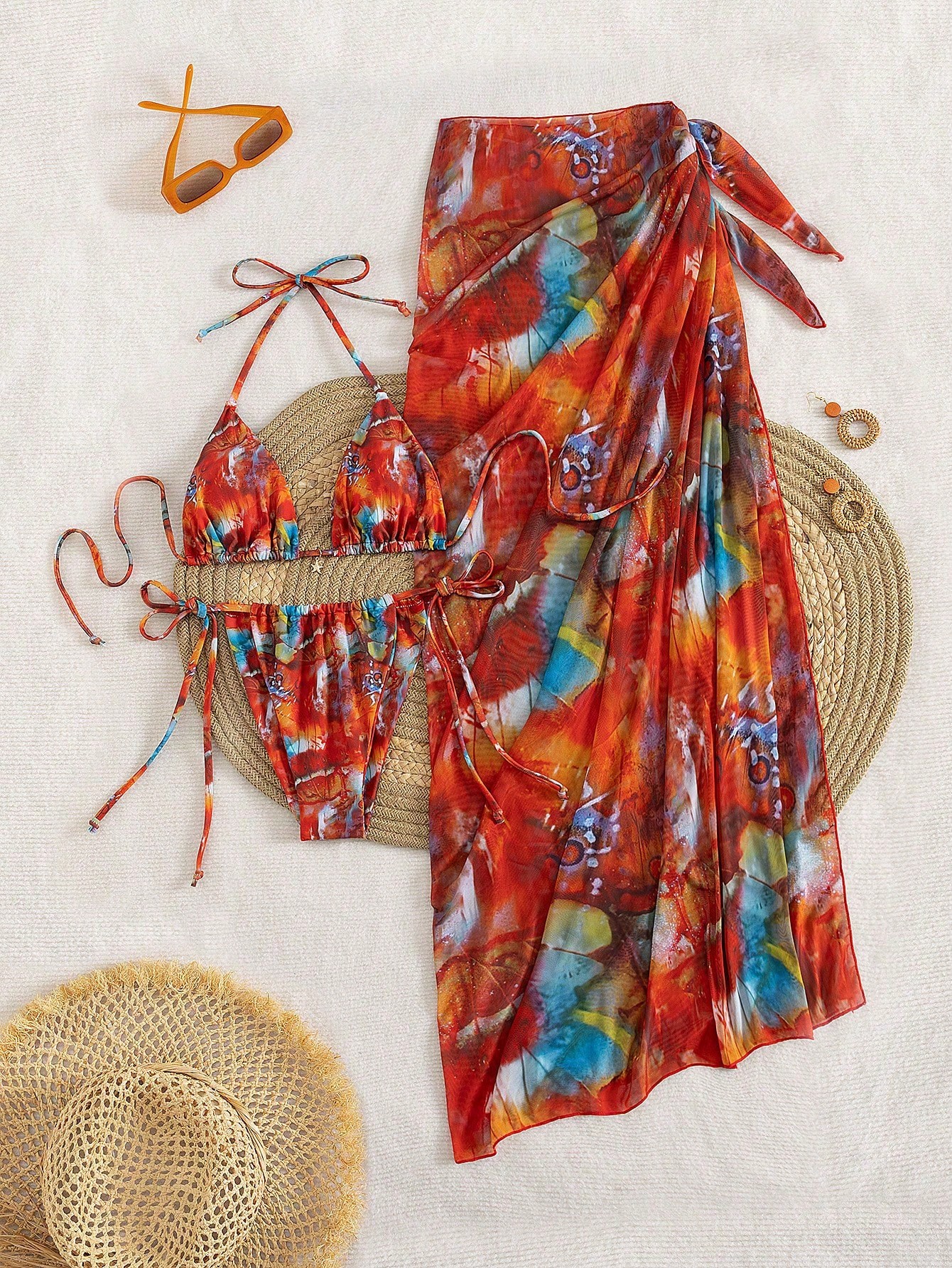 2026 New Tie-Dye Print 3-Piece Bikini Set With Mesh Sarong Cover-Up