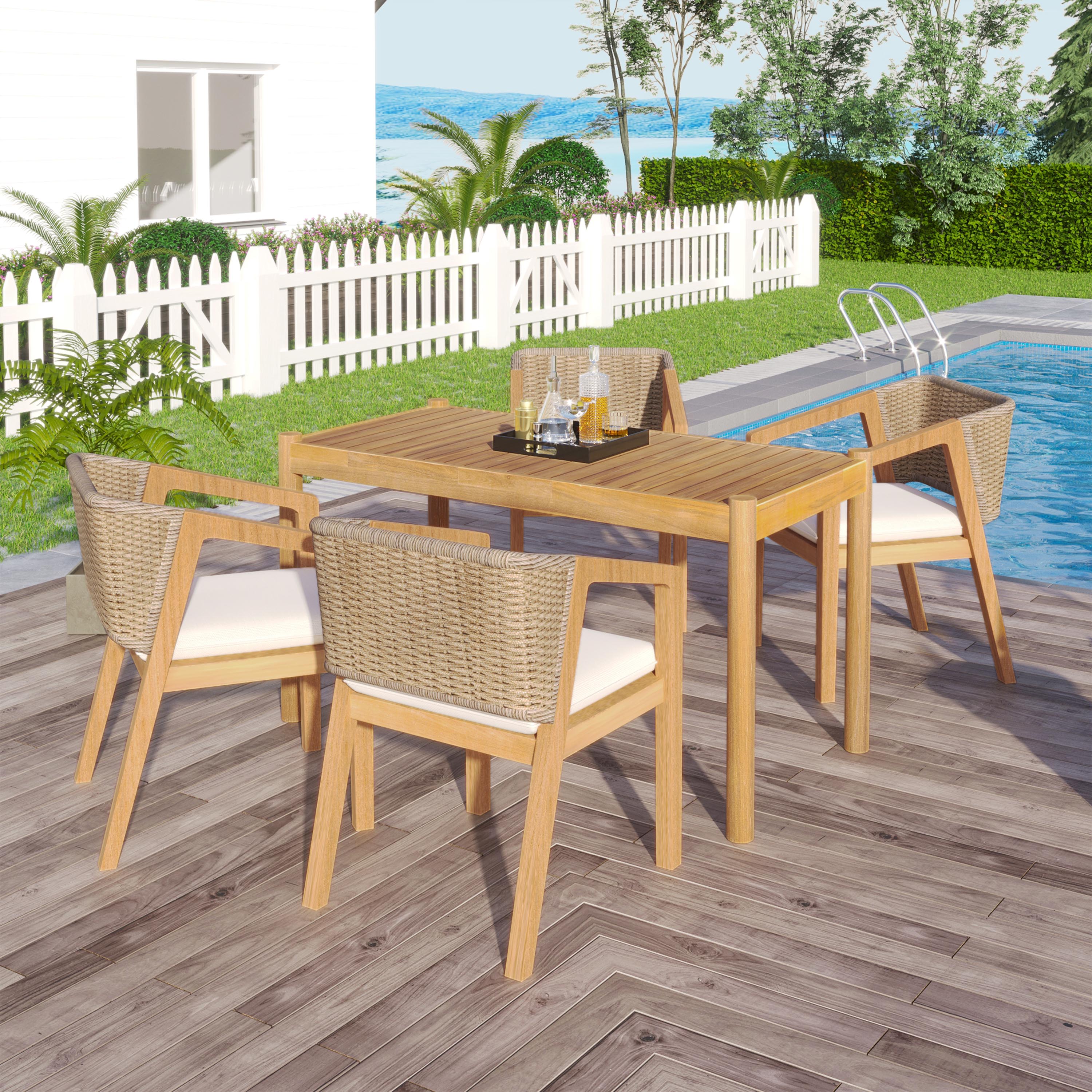 Acacia Wood Outdoor Dining Set Of 5, Dining Furniture Set With 1 Table 4 Chairs, Teak And Beige