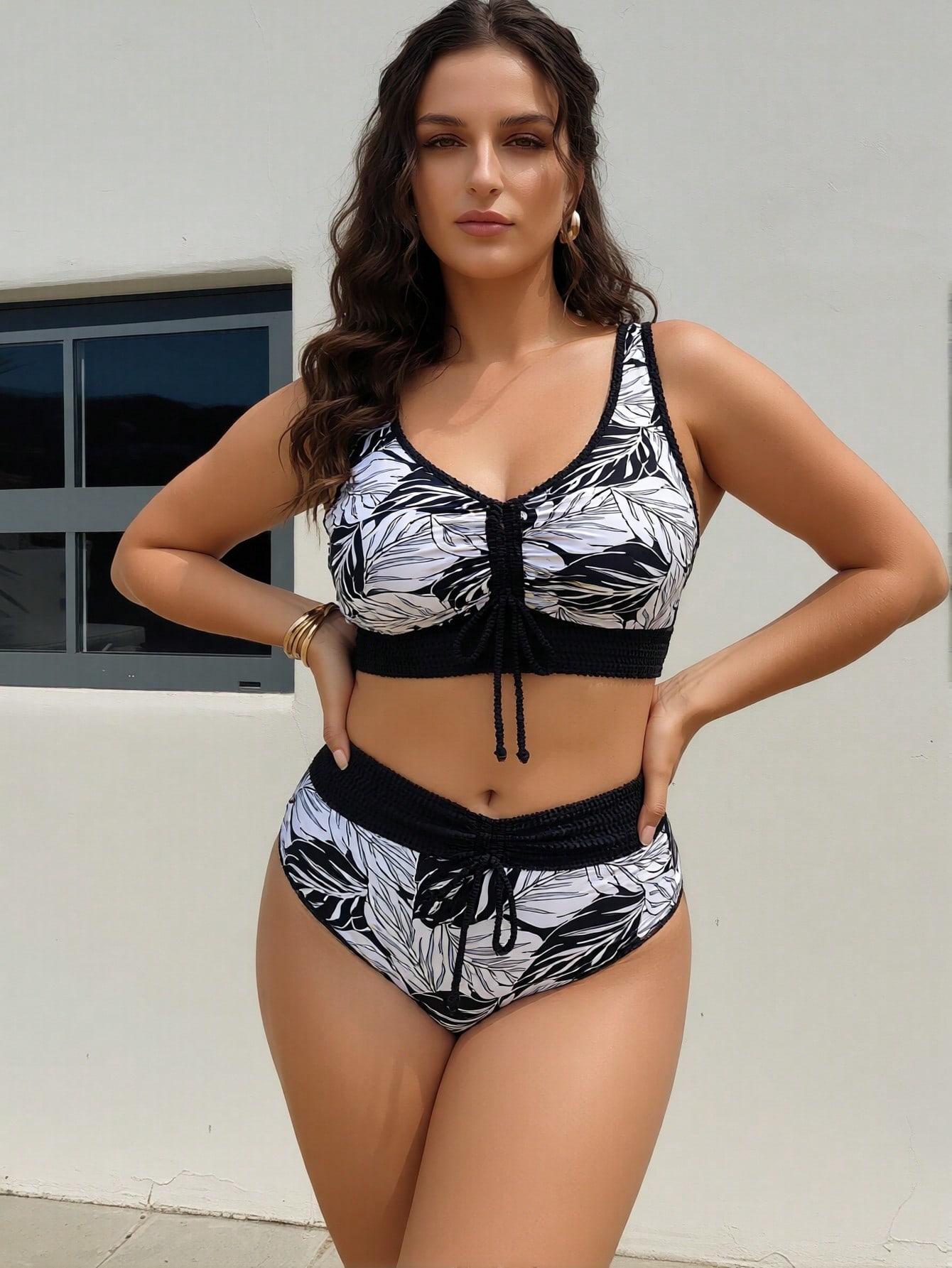 Women's High Waist Bikini, Black & White Leaf Print With Drawstring Accents
