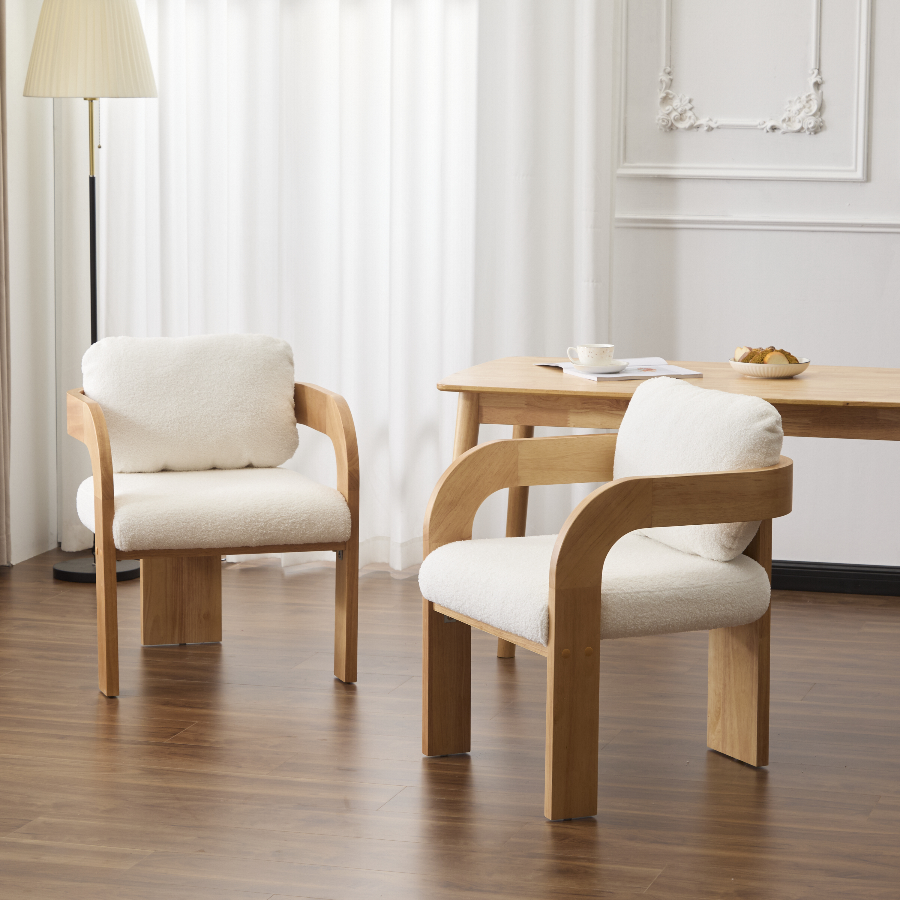 2-Pack Dining Chairs With Pillow Back, White Boucle Fabric, Natural Color Solid Wood Frame