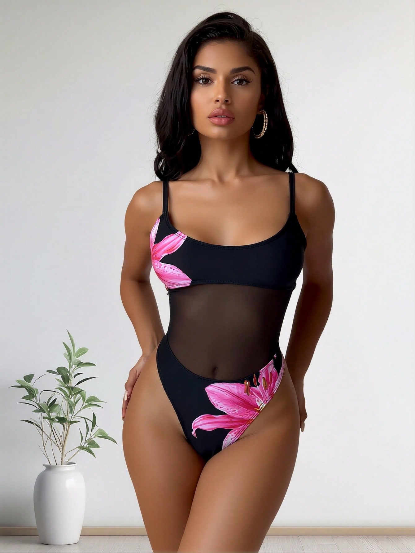 2026 New Sexy Mesh Cutout Swimsuit With Pink Lily Floral Print