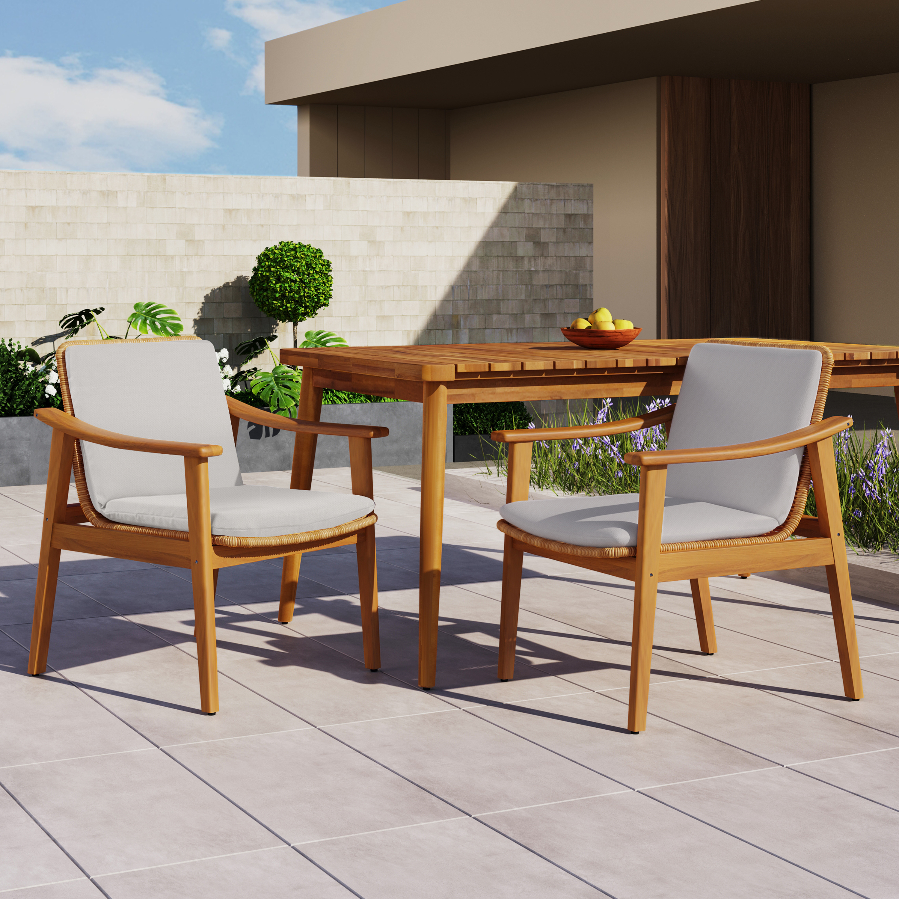 Outdoor Dining Chairs Set Of 2, Teak Color Acacia Wood Frame, Brown PE Wicker, Grey Waterproof Cushion, Ideal For Patios, Gardens