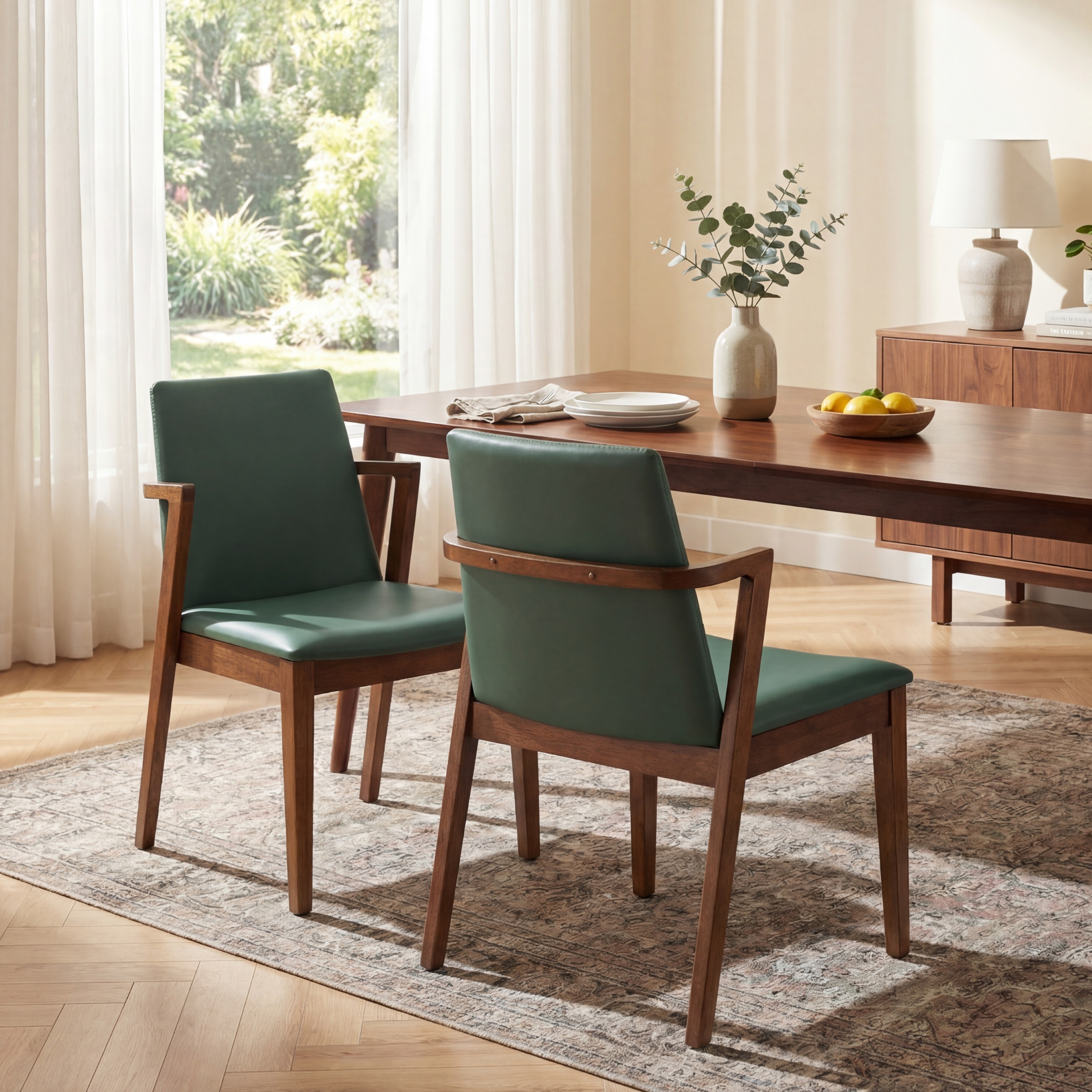 Mid-Century Modern Dining Chairs Set Of 2 - Green PU Upholstered Armchairs With Walnut Color Rubber Wood Frame, 250lbs Capacity For Kitchen & Dining Room