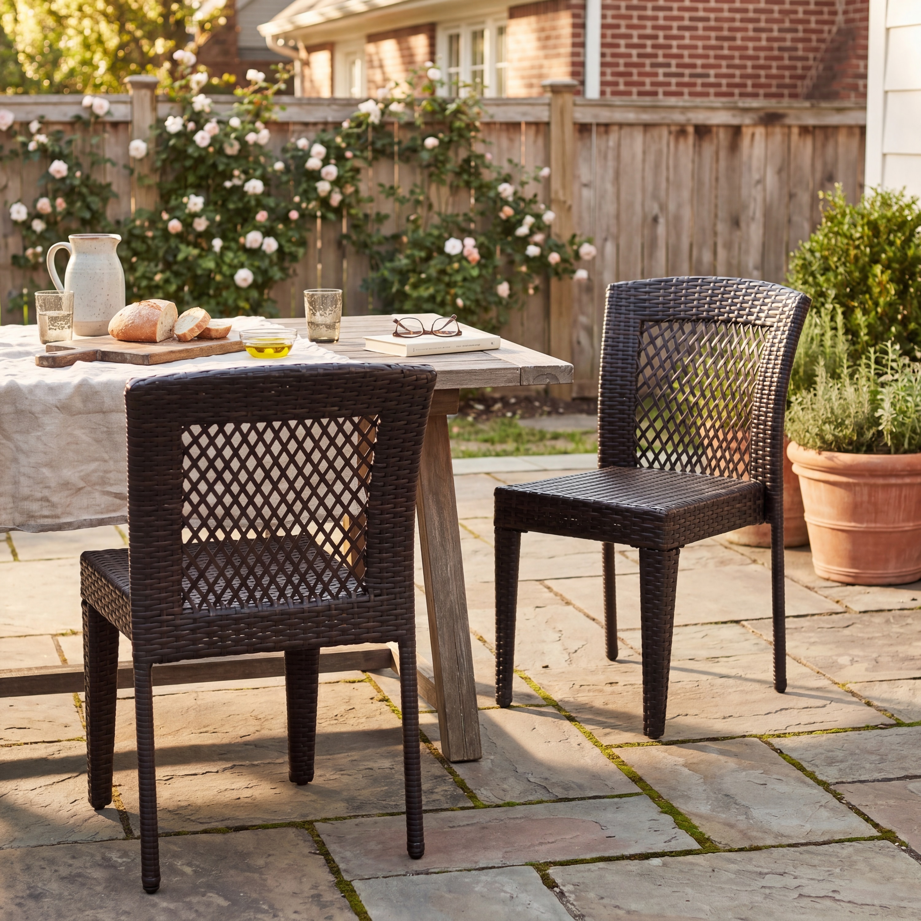 Outdoor Dining Chairs Set Of 2, Stackable Chairs With UV-Resistant PE Rattan And Steel Frame, For Patio, Garden, Balcony, Supports 400lbs Brown Mix