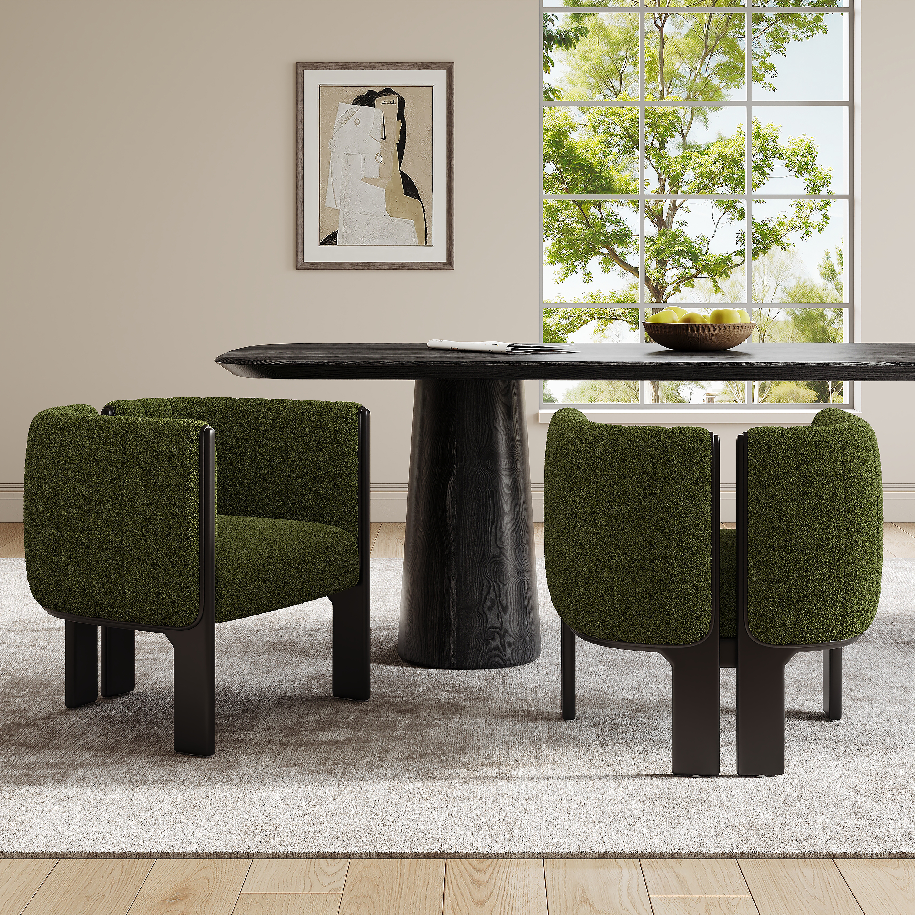 Dining Chairs Set Of 2, Modern Stylish Seating With Black Rubber Wood Frame And Olive Green Boucle Fabric, 300lbs Capacity, For Dining Area, Living Space