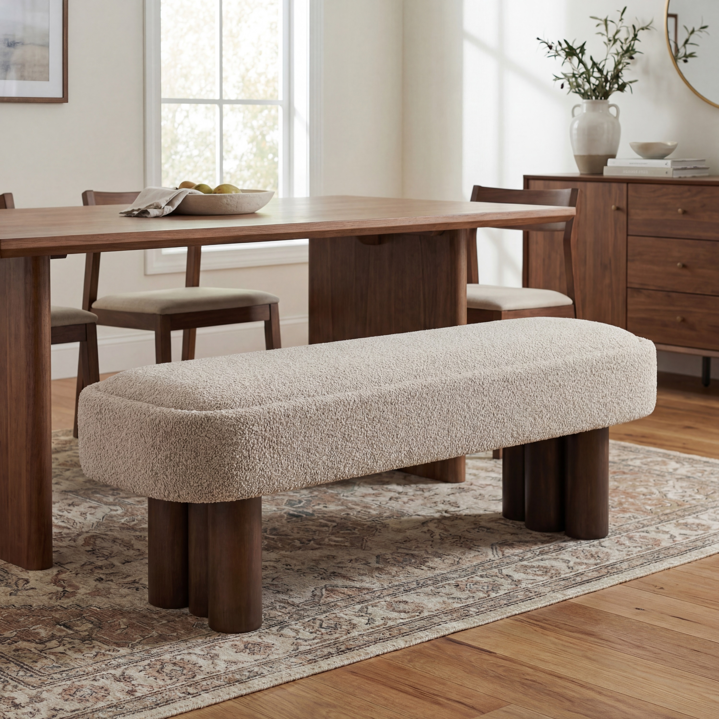 Indoor Khaki Boucle Dining Bench With Walnut Color Legs, 60.04 L Upholstered Seating For Kitchen, Dining Room And Living Space,250lbs Capacity