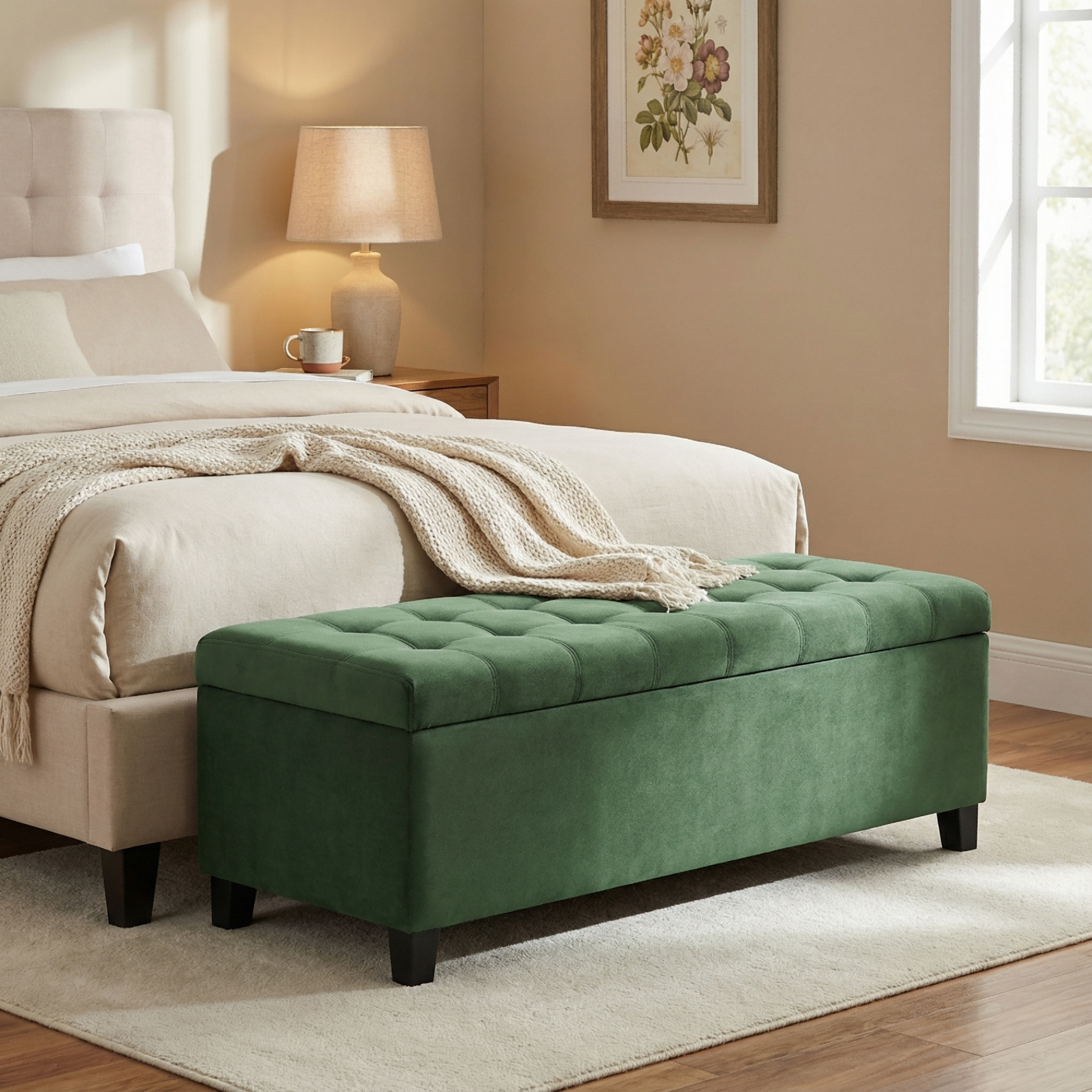 Upholstered Storage Ottoman Bench, Entryway Bench, End Of Bed Bench, Ottoman Foot Rest For Bedroom, Retro Green, 300lbs