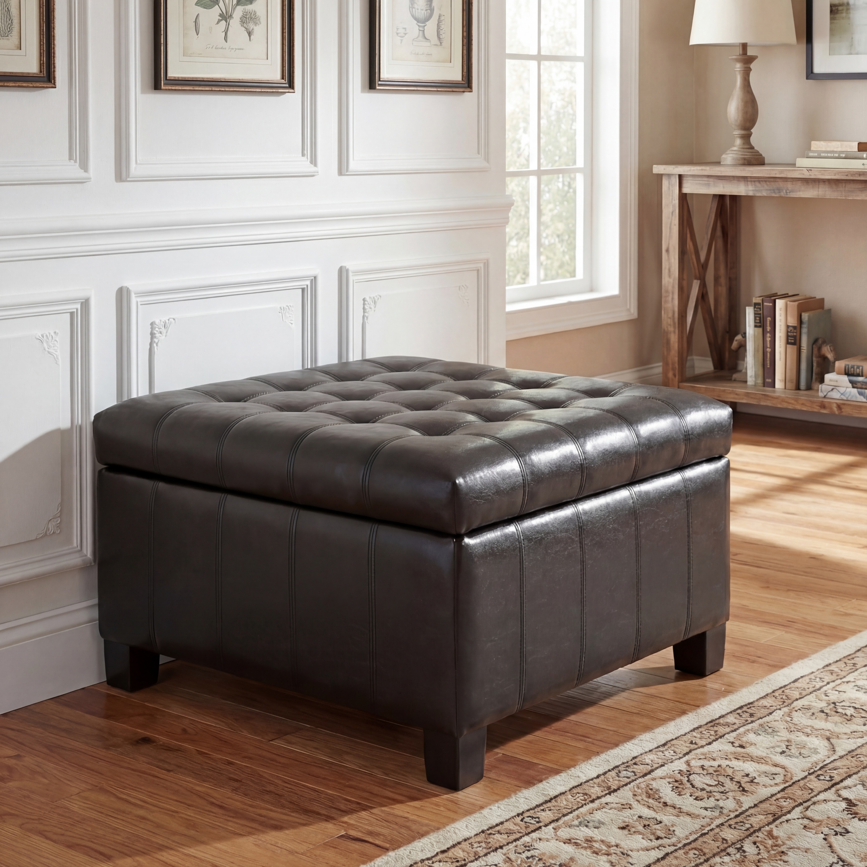 Black PU Storage Ottoman With Rubber Wood Legs, 30.25   Square Tufted Indoor Ottoman With Lift-Top Storage For Living Room, Bedroom & Entryway,300lbs Weight Capacity