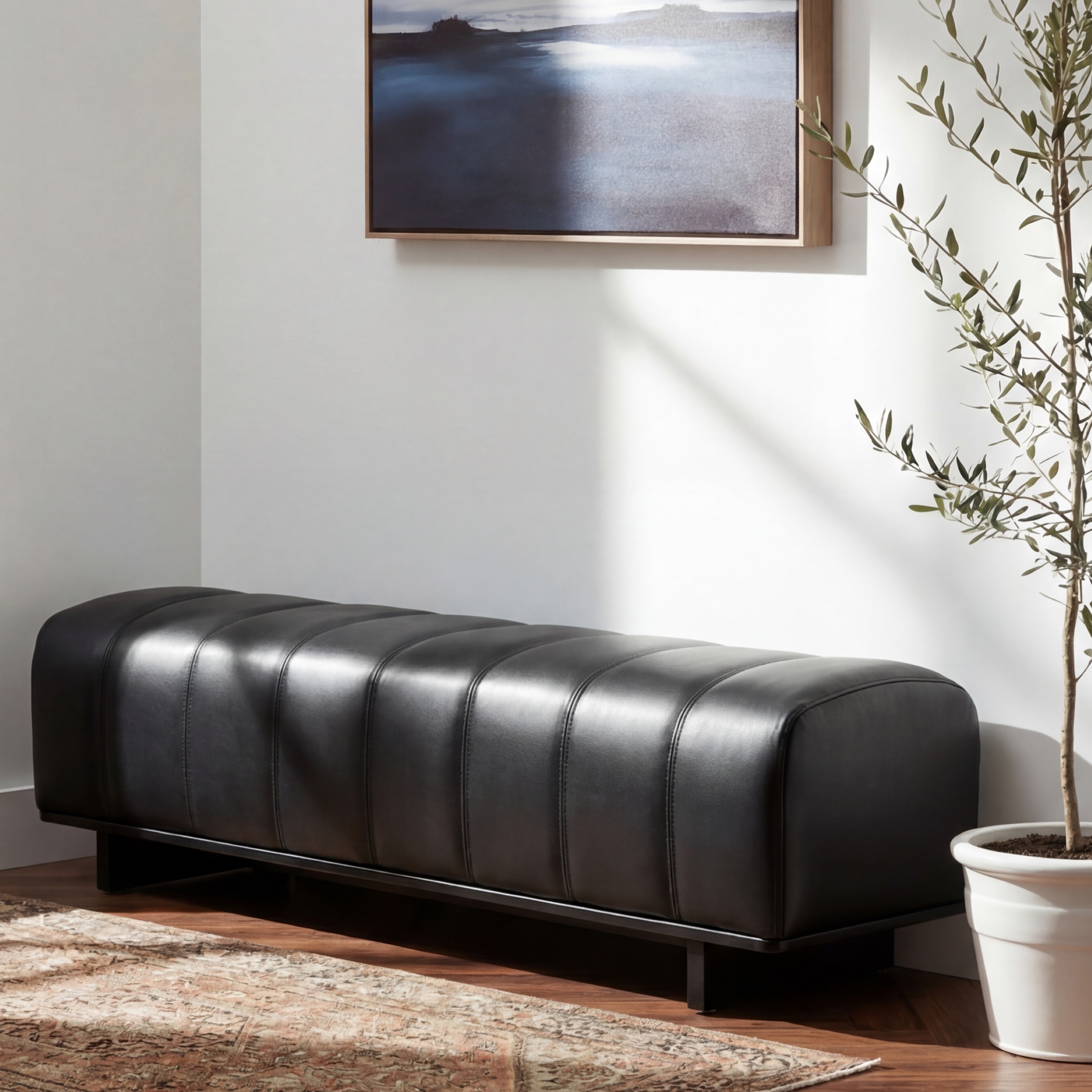 Indoor Dining Bench, Black PU Fabric Bench With Rubber Wood Legs, 250lbs, Comfortable Seating For Dining Room Living Area