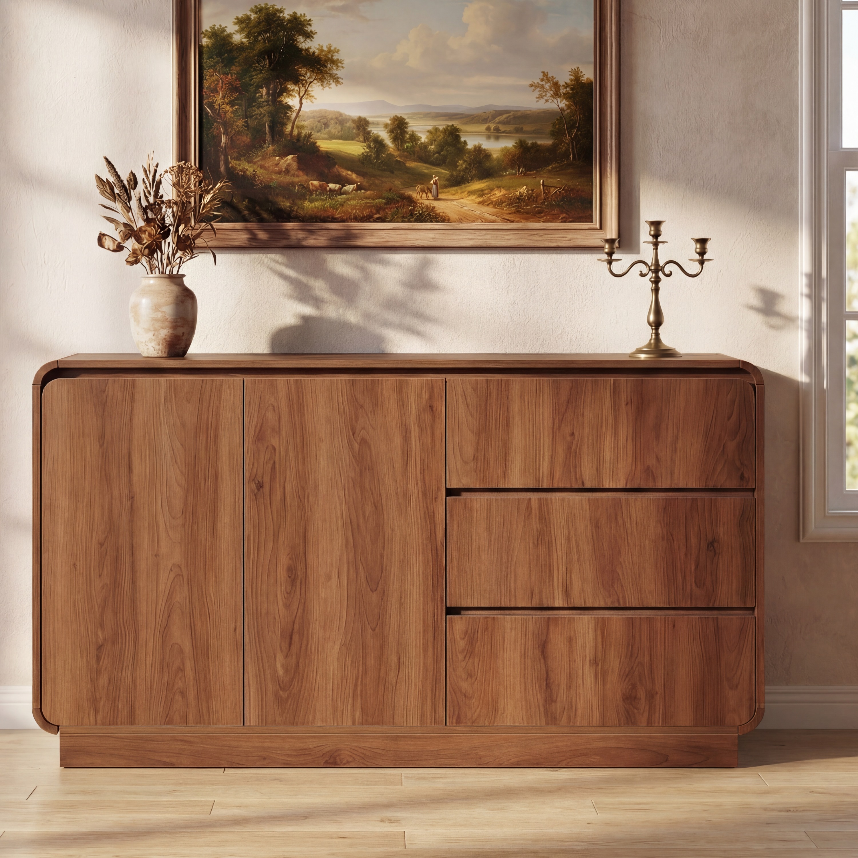 Modern Light Walnut Sideboard, 55.1   Wide Storage Cabinet With 2 Doors And 3 Drawers, Versatile Dining Room,Living Room