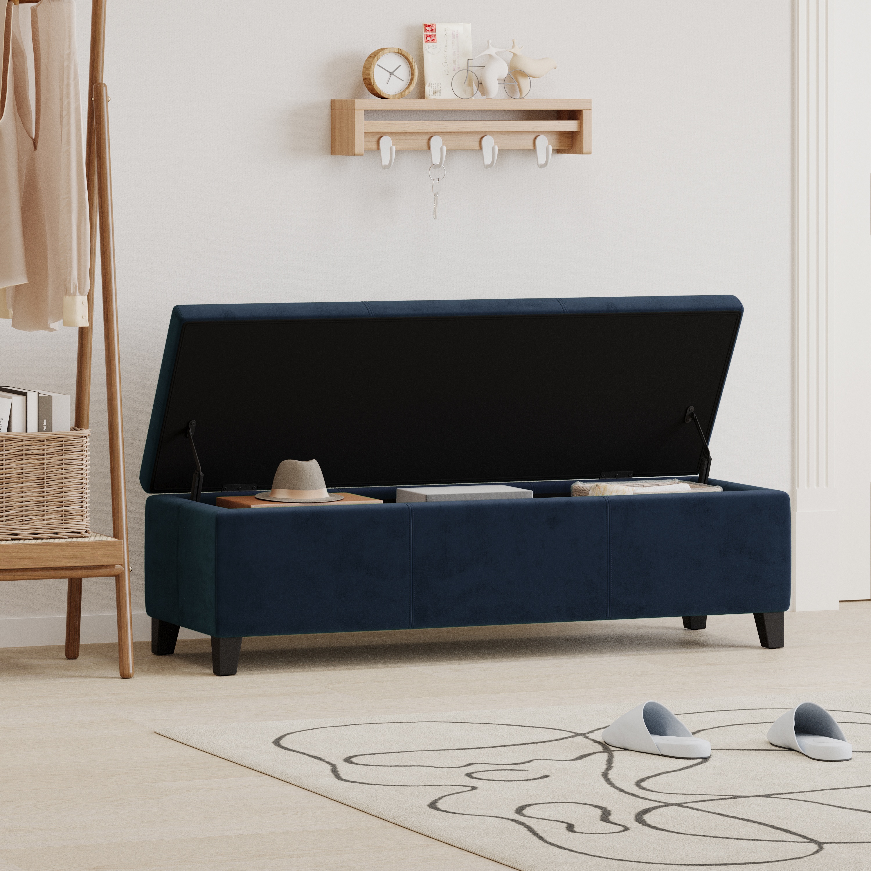 Indoor Dark Blue Storage Ottoman Bench - 51.25  L Upholstered Entryway Bench With Hidden Storage, 300lbs Weight Capacity For Living Room, Bedroom & Hallway