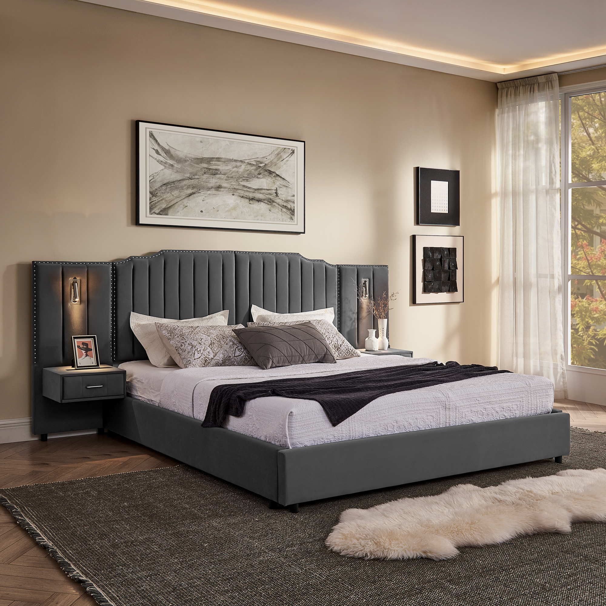 King Size Upholstered Bed Frame With Velvet Fabric, Vertical Stripe Design With Buttons Around King Size Platform Bed With Headboard, Solid Frame & Bedside Table - No Box Spring Needed-Gray