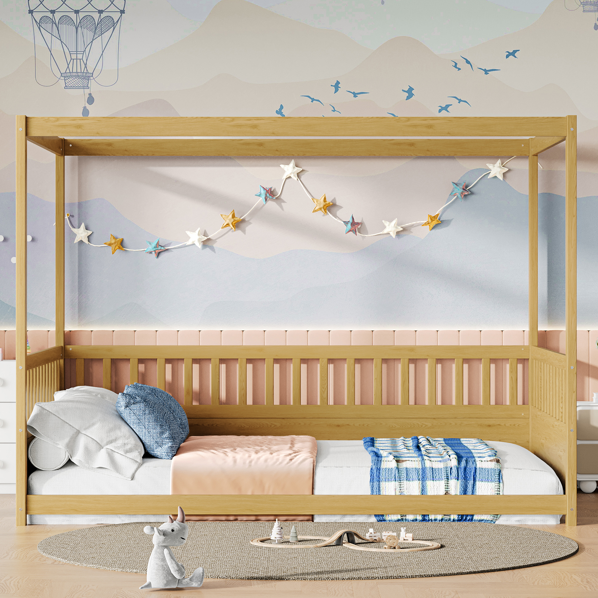 Full Size Canopy Bed Frame With Guardrails For Kids,Floor Bed Full With Four Poster Design,Kids Montessori Floor Bed,Wood Canopy Bed Frame For Girls,B