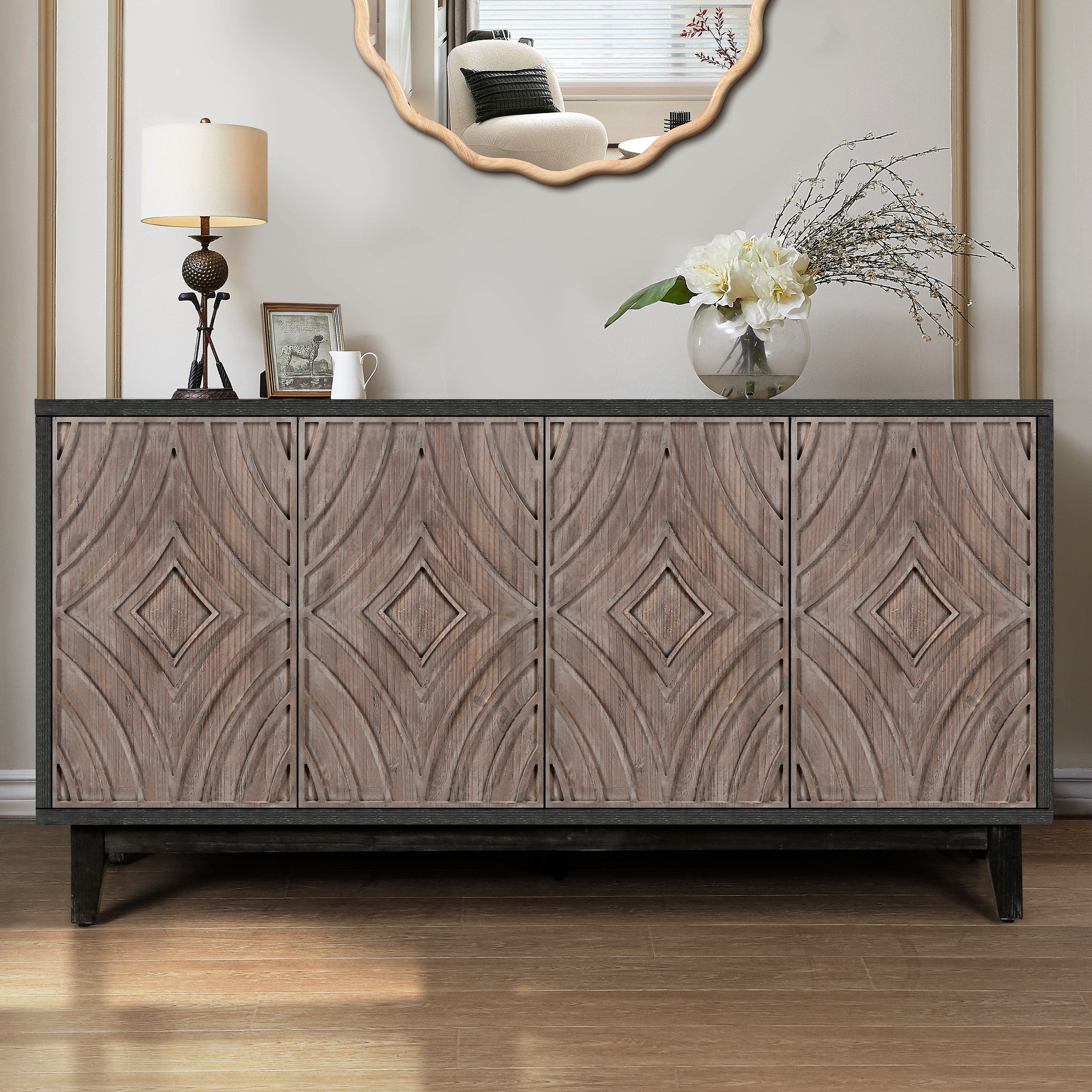 Mid Century Sideboard Buffet Cabinet With Solid Wood Legs 60  Kitchen Storage Cabinet Credenza With 4 Convex Pattern Diamond Doors And 2 Shelves Accent Console Table For Living Room  Entrance Hall Etc